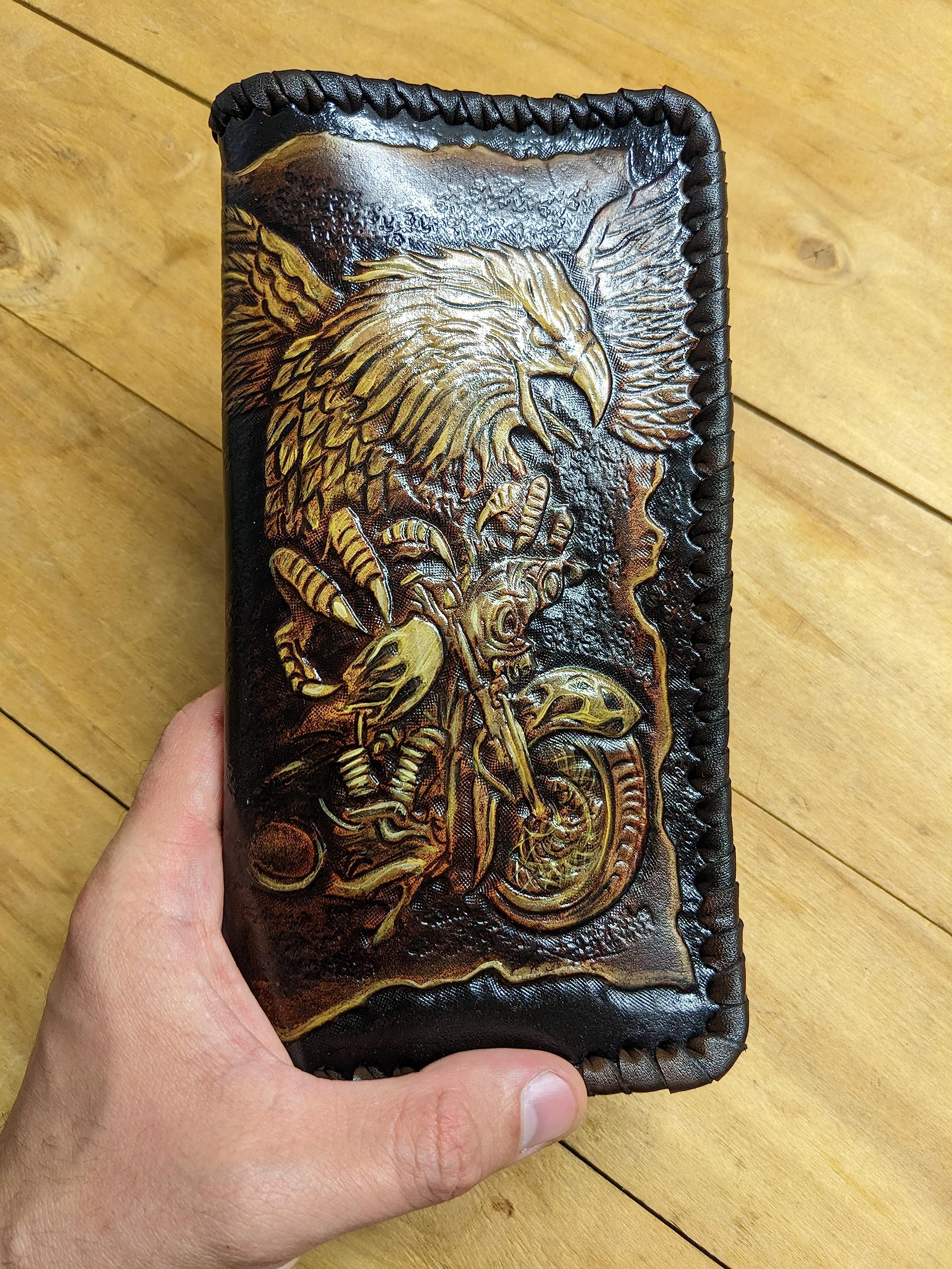 Handcrafted Genuine Leather Biker Wallet for Men - 3D Carved American Flag & Eagle Design - Custom Personalized Long Wallet - Perfect for Motorcycle Riders & Patriotic Gifts