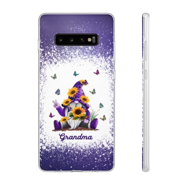 Personalized Polka Dot Phone Case with Sunflower Gnome & Butterflies Design - Perfect Gift for Mom & Grandma - Purple Gnome White Case for iPhone/Samsung - Great for Mother's Day, Family Photos & Daily Protection
