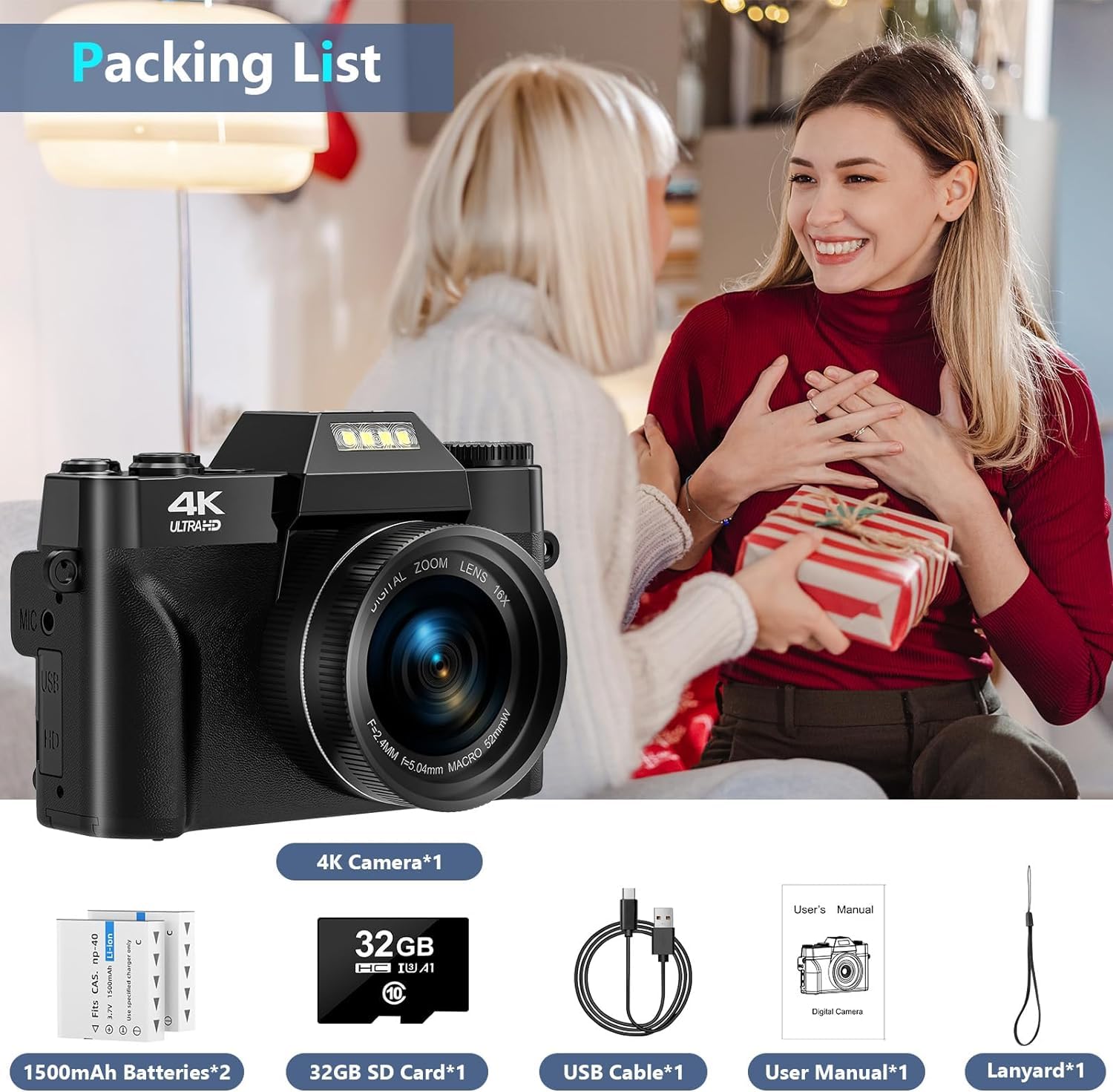 4K Digital Camera with AutoFocus & 16X Zoom - 56MP Vlogging Camera for YouTube, 3.0