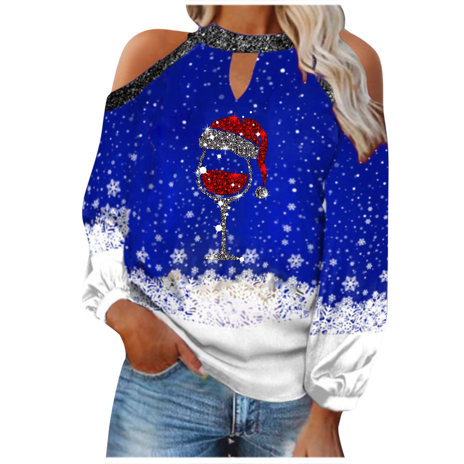 2022 Women's Summer Tops - Casual Off Shoulder Christmas Print Long Sleeve Blouse Shirt | Perfect for Holiday Parties & Seasonal Fashion