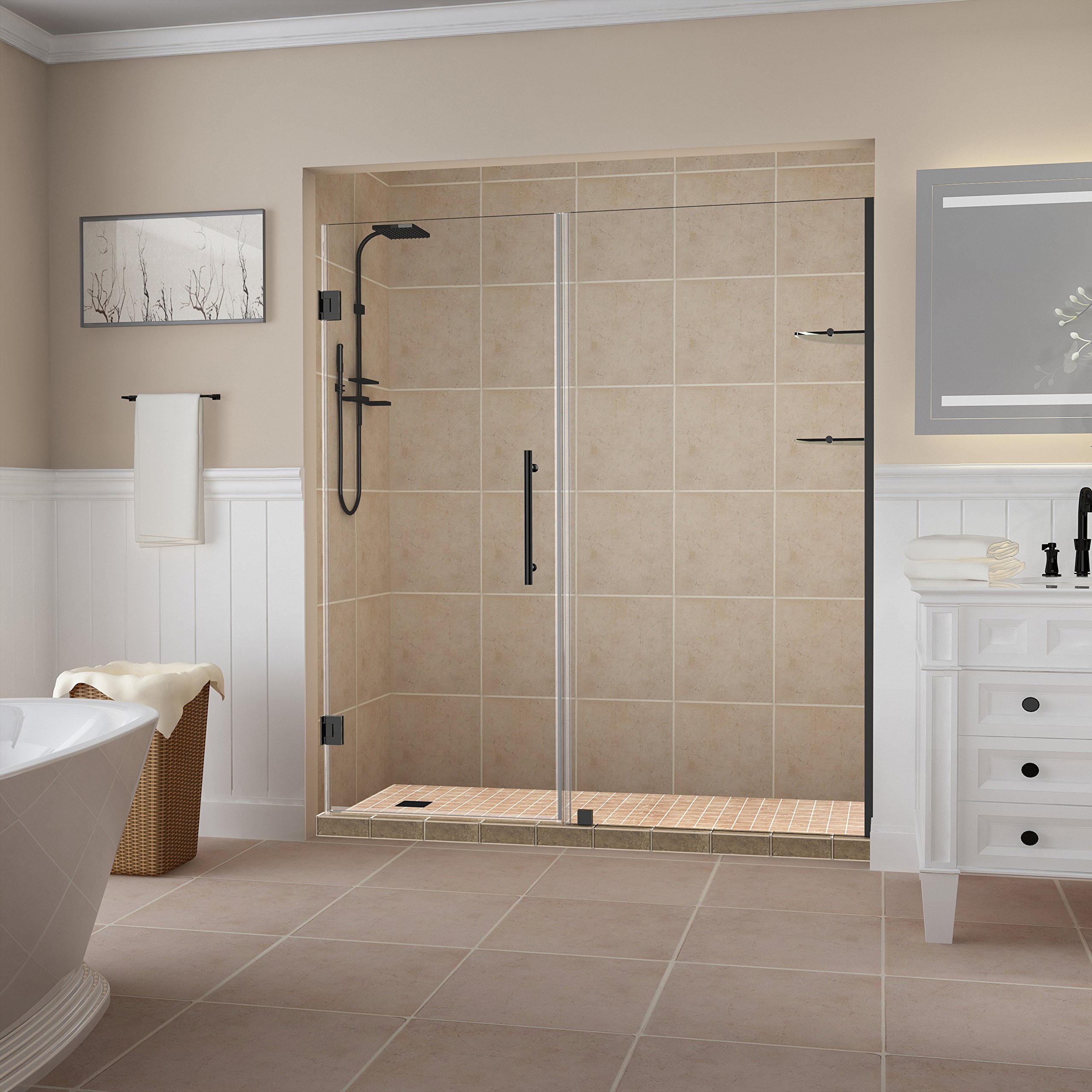 Frosted Glass Aston Belmore GS Frameless Hinged Shower Door with Shelves - Modern Bathroom Upgrade for Spa-Like Experience