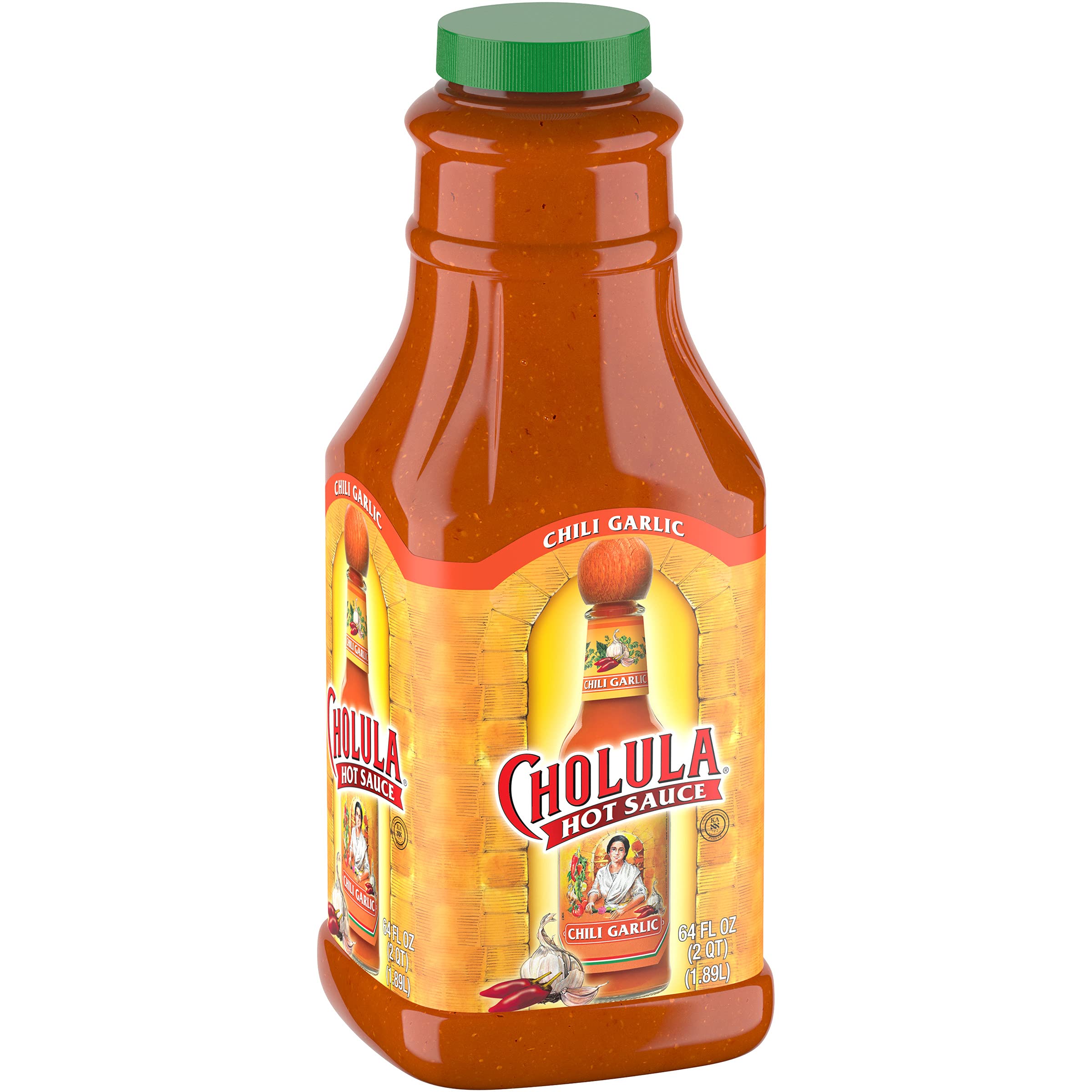 Cholula Chili Garlic Hot Sauce, 64 fl oz - Mexican Pepper & Garlic Spicy Hot Sauce for Cooking, Eggs, Wings, Fries, Popcorn - Bulk Hot Sauce for Restaurants, Catering & Home Use