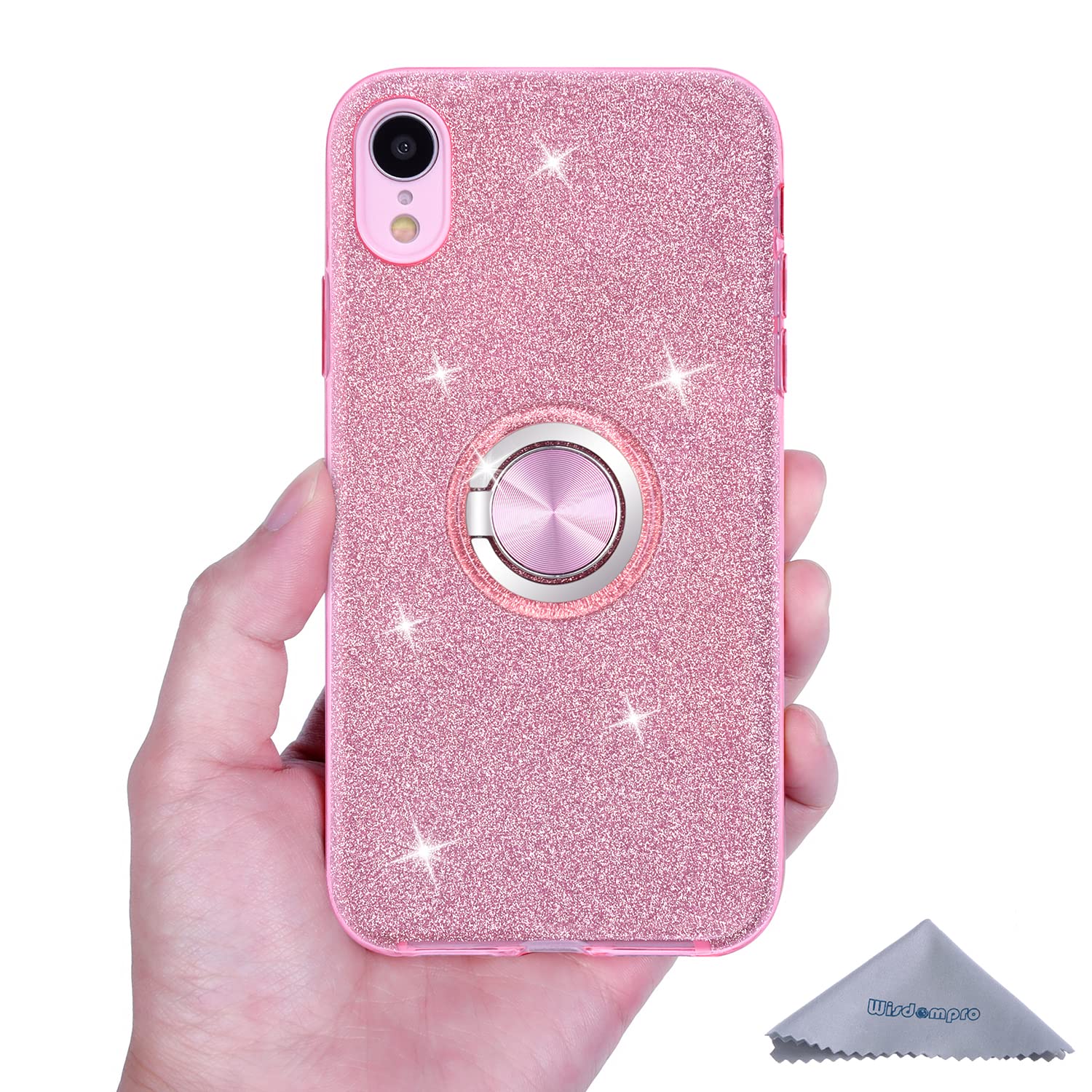 Wisdompro Cute Glitter Bling Sparkle Protective Case with Ring Kickstand for iPhone XR (6.1 Inch) - Pink | Durable Shockproof Cover for Women & Girls | Perfect for Daily Use, Work & Travel