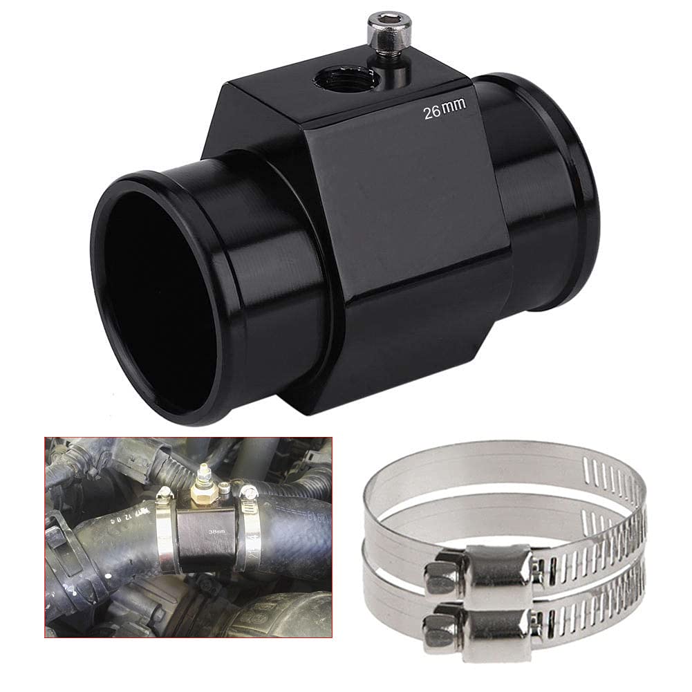 High Precision Black Aluminum Water Temperature Gauge - 26mm Radiator Sensor Adapter with Hose Clamps | Engine Cooling System Monitoring for Cars, Trucks & Motorcycles
