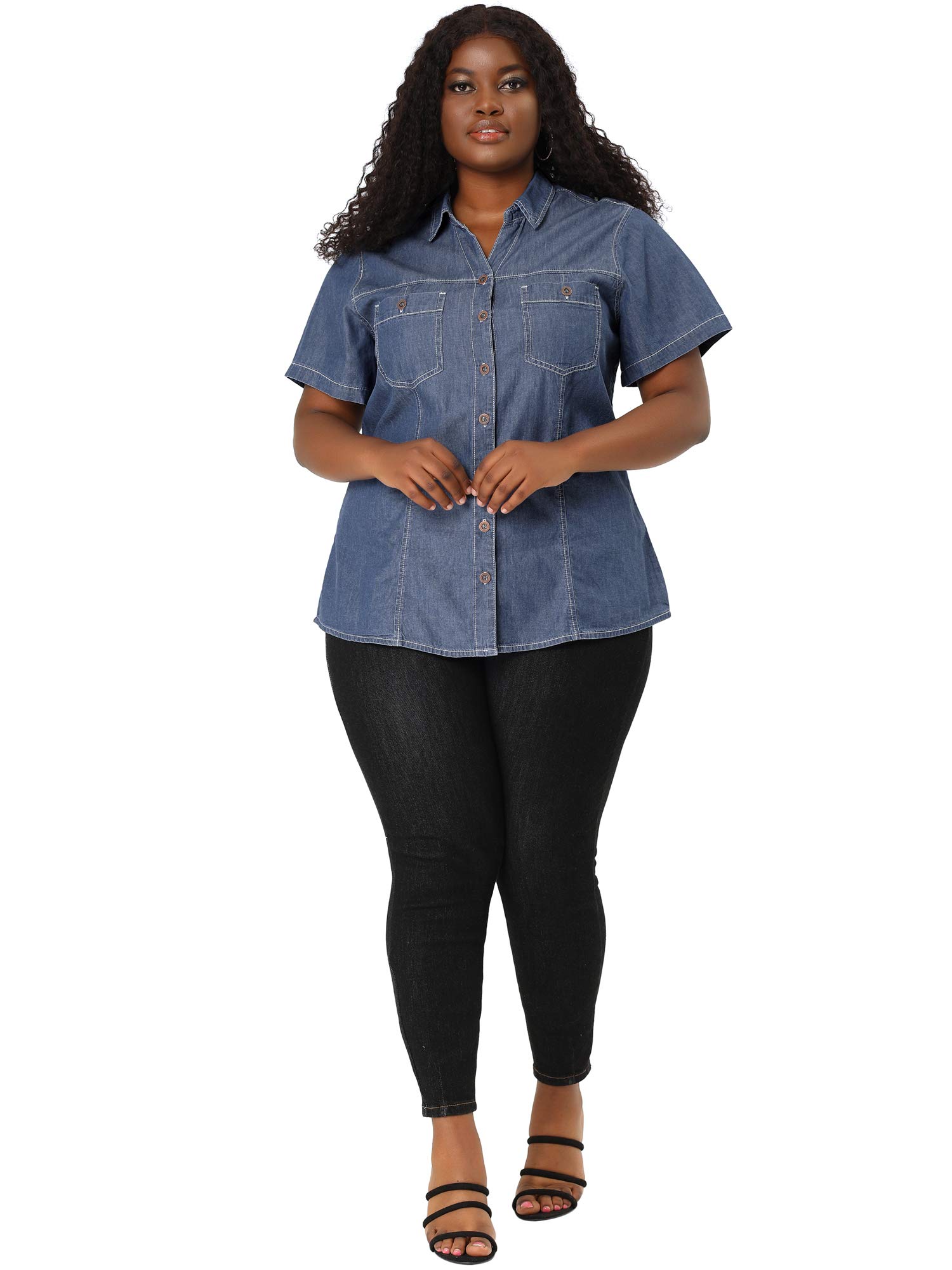 Agnes Orinda Plus Size Denim Shirts for Women - Short Sleeve Chambray Button Down Casual Tops | Comfortable & Stylish for Work, Outings & Everyday Wear