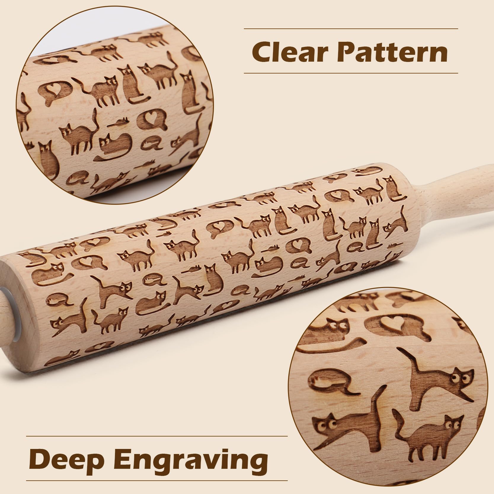 Wooden Embossed Rolling Pin for Baking Cookies - Cat & Heart Design - Engraved Springerle Dough Roller for Animal Patterns, Clay Pottery & Ceramic Stamping - Perfect Gift for Bakers, Women & Kids - Ideal for Holiday Cookies, DIY Crafts & Homemade Pottery Projects