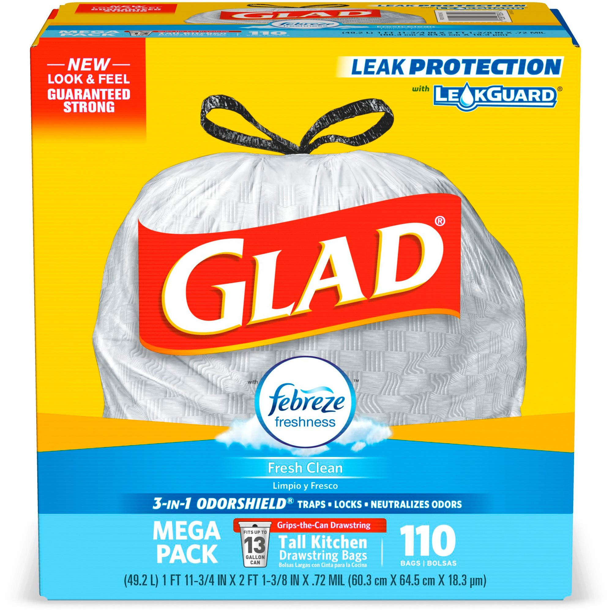 Glad Febreze Fresh 13-Gallon Kitchen Trash Bags - Odor Control Garbage Bags for Home, Office & Kitchen Use