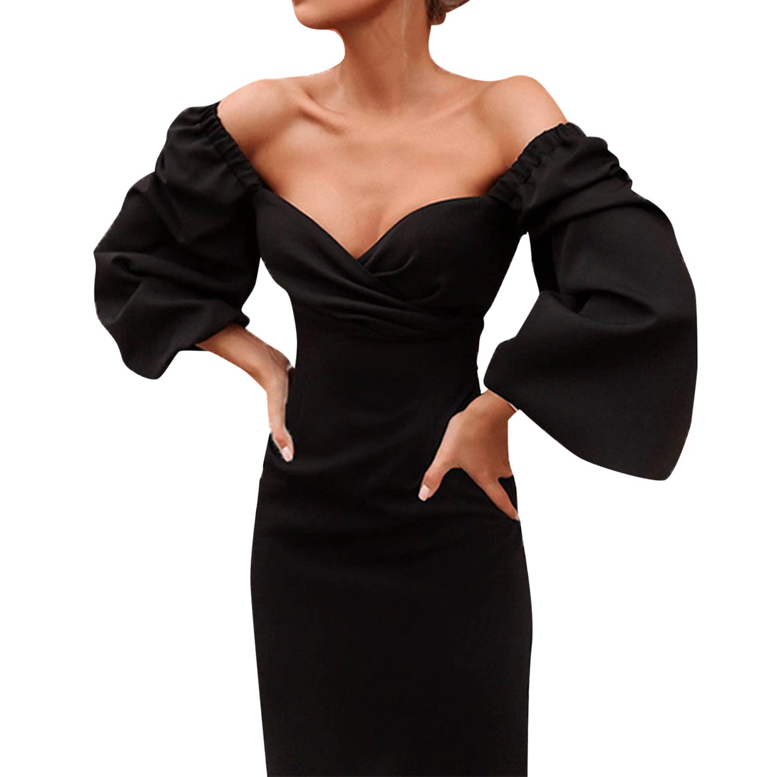 YHAIOGS Black V-Neck Puff Sleeve Wrap Dress for Women - Slim Fit Knit Shirt Dress, Elegant & Sexy Solid Midi Dress for Work, Date Night & Special Occasions