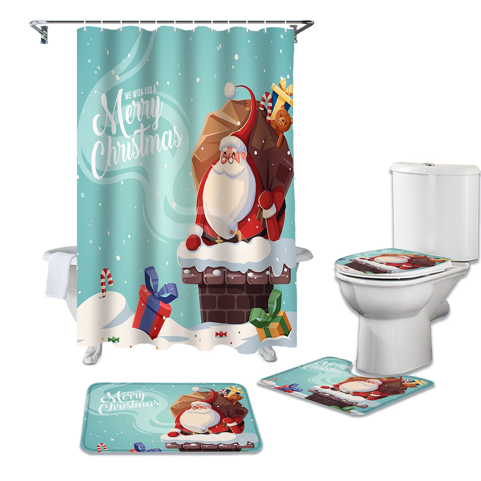 4-Piece Christmas Shower Curtain Set with Non-Slip Bath Rugs, Toilet Lid Cover & U-Shaped Contour Pad - Santa Claus Chimney Design Winter Snow Bathroom Decor for Holiday Home Decorating