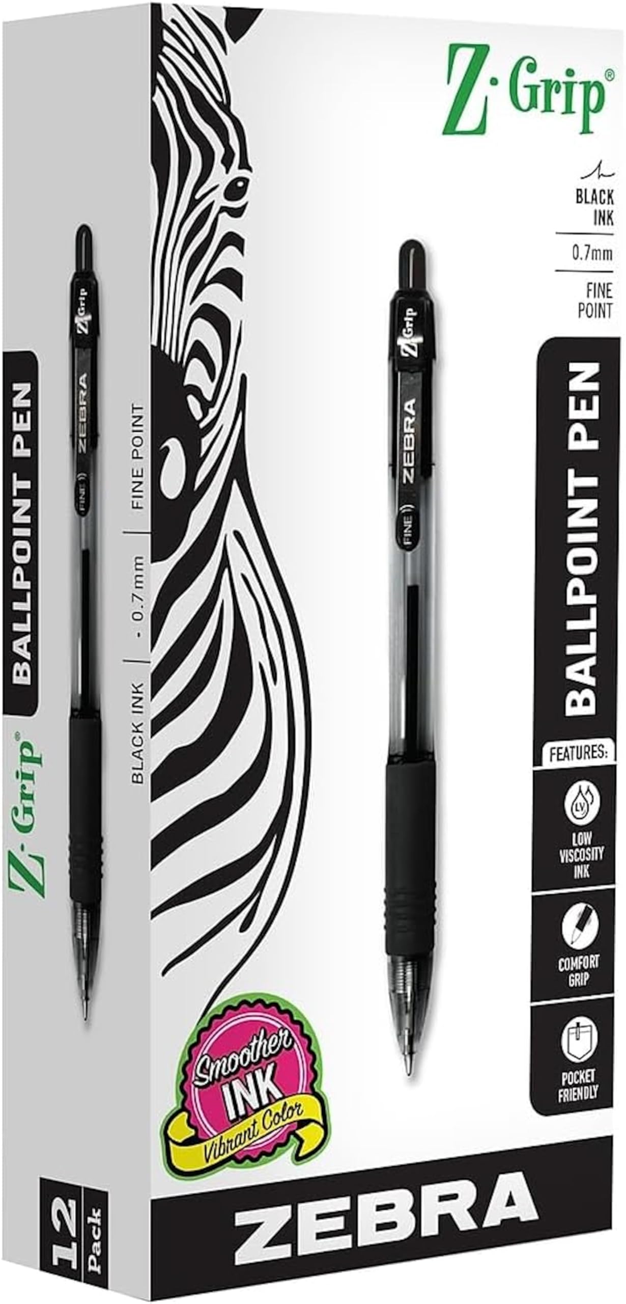Zebra Z-Grip Retractable Ballpoint Pens - 0.7mm Fine Point Black Ink (12-Pack) - Smooth Writing for Office, School & Everyday Use