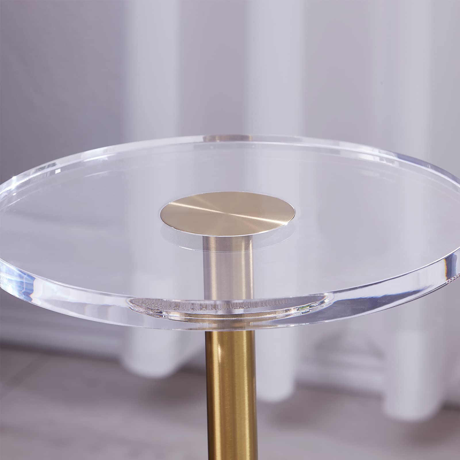 LIKENOW Clear Acrylic Side Table - Modern Small Round End Table with Gold Post for Living Room, Bedroom, Office | Perfect Nightstand for Drinks, Snacks & Decor | Easy Assembly & Stylish Home Accent