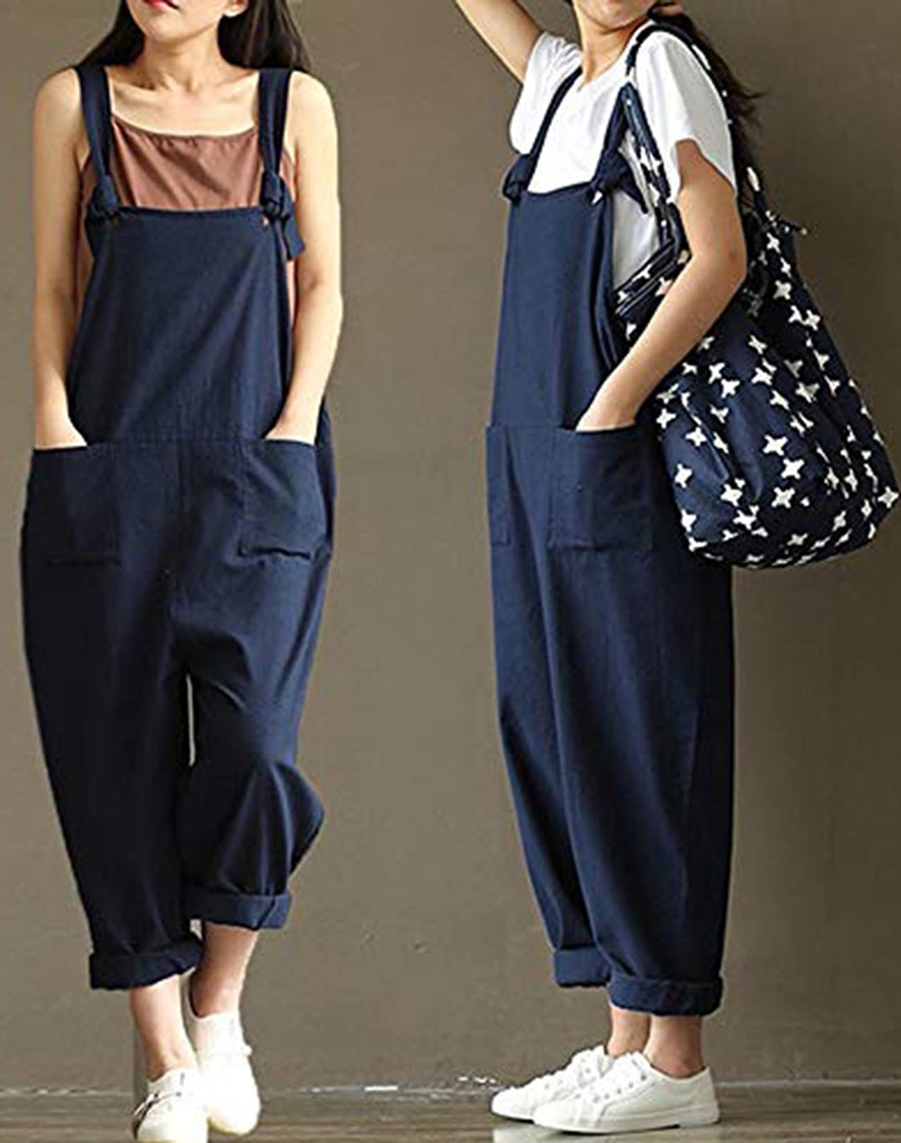 Aedvoouer Women's Plus Size Wide Leg Jumpsuit Overalls - Loose Cotton Linen Baggy Bib Pants for Casual Wear & Summer Outfits