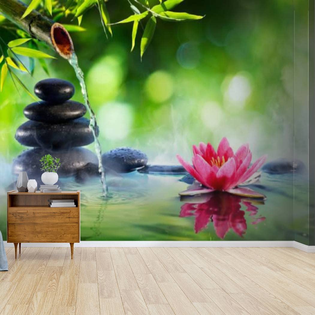 Zen Garden Canvas Wallpaper - Spa Stones & Waterlily with Fountain Self-Adhesive Peel & Stick Wall Mural, Wall Decal for Living Room, Bedroom, Office | Easy Home Decor Upgrade for Meditation Spaces & Relaxing Atmospheres