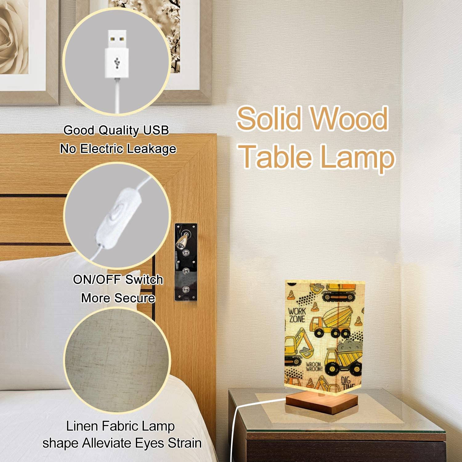 **Hand-Painted Construction Machine Kids Bedside Lamp - Minimalist Wood Base with Rectangular Fabric Shade, Nightstand Lamp for Bedroom, Living Room & Nursery - Perfect for Reading, Decor & Kids' Room Lighting**