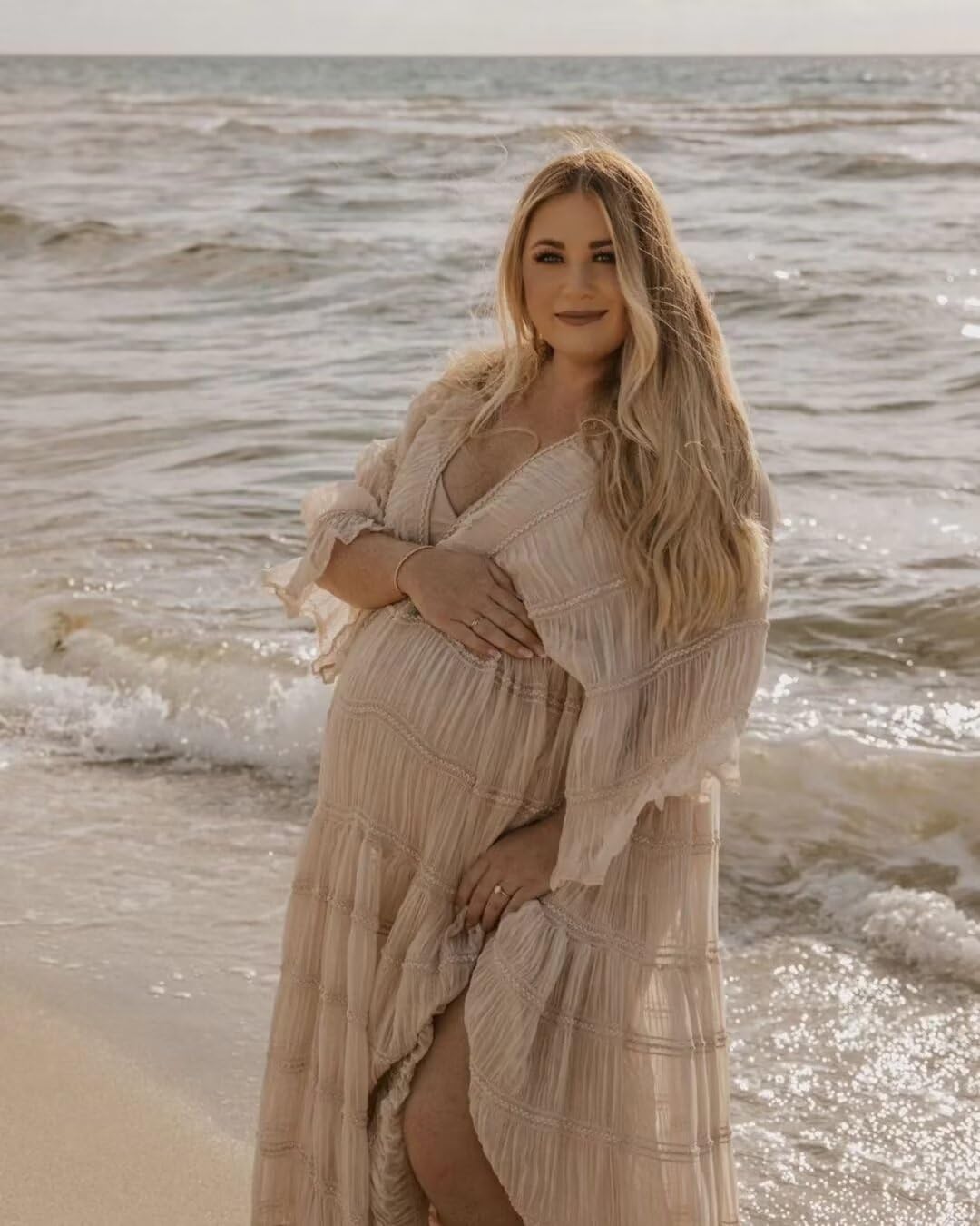 Elegant Tulle Maternity Robe for Photoshoot - V Neck Long Sleeve Pregnancy Gown for Baby Shower, Bridal Lingerie & Maternity Photos - Soft Puffy Ruffle Slit Design for Comfortable Wear During Special Occasions