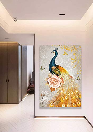 Looife 30x40 Inch Blue Peacock Canvas Wall Art - Hand Painted Yellow Tail Feather Giclee Print for Living Room, Bedroom & Bathroom Decor | Perfect for Home, Office & Gift Giving