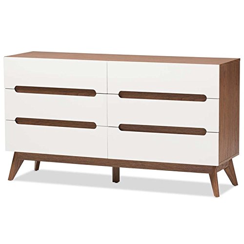 BOWERY HILL Mid-Century Modern 6-Drawer Double Dresser - White & Walnut Wood Bedroom Furniture for Master Bedroom Storage & Organization