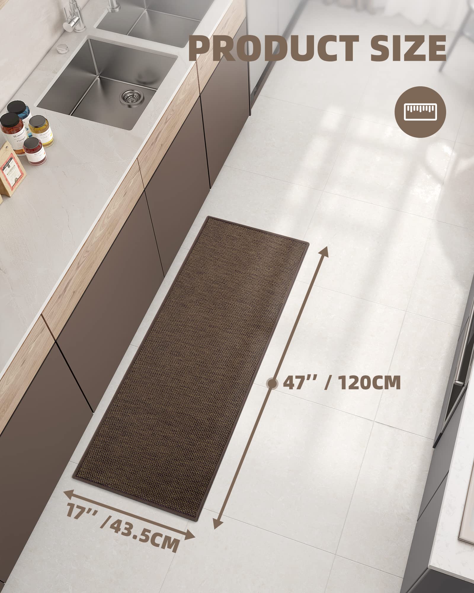 Non-Slip Washable Kitchen Rugs & Mats - Absorbent Woven Runner for Sink, Laundry, Hallway - Easy Clean Floor Mats, 17”x47”, Brown - Perfect for Kitchen, Bathroom, and Entryway