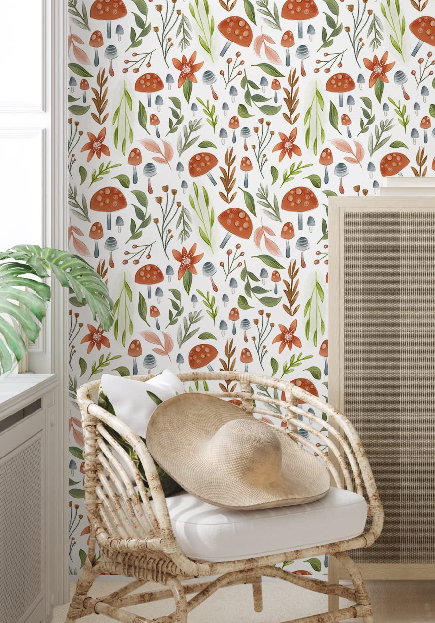 Boho Mushroom Peel and Stick Wallpaper - Removable Self-Adhesive Wallpaper for Bathroom, Bedroom, Kitchen & Nursery - Floral Contact Paper for Cabinets, Accent Walls & Home Decor - 17.7