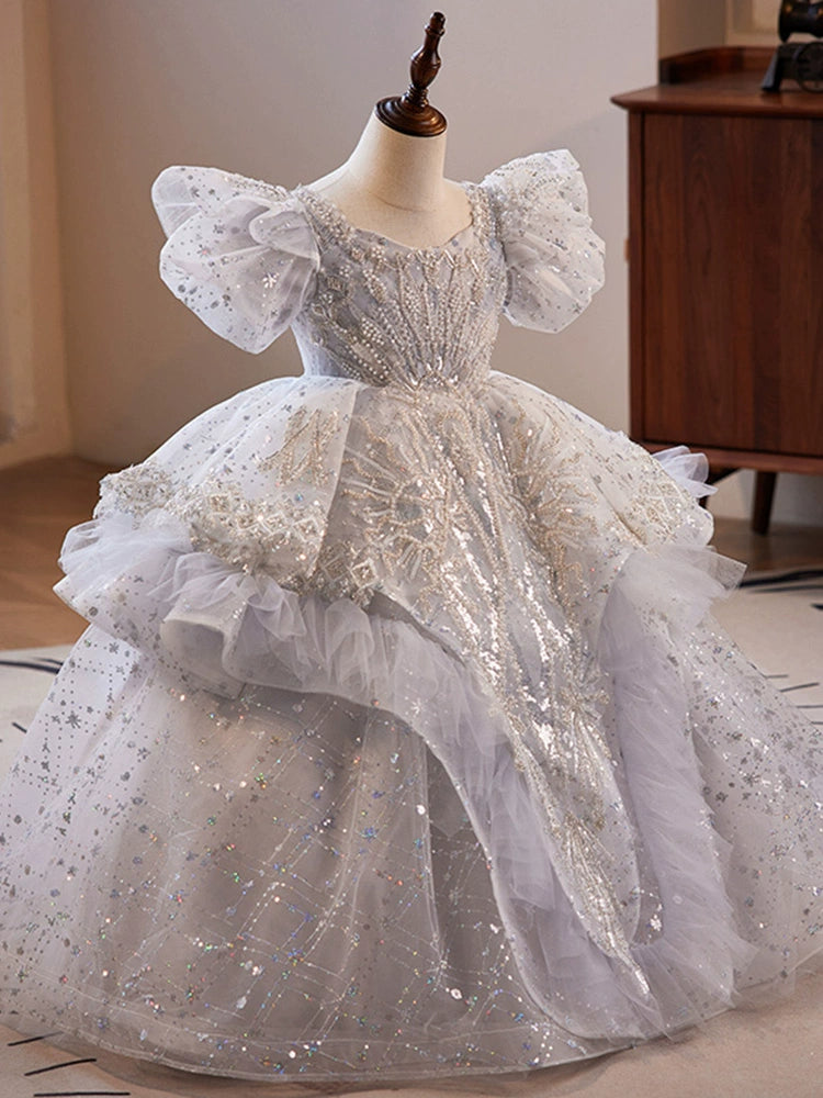 White Princess Square Floor Length Organza Flower Girl Dress for Weddings, Baptisms & Special Occasions