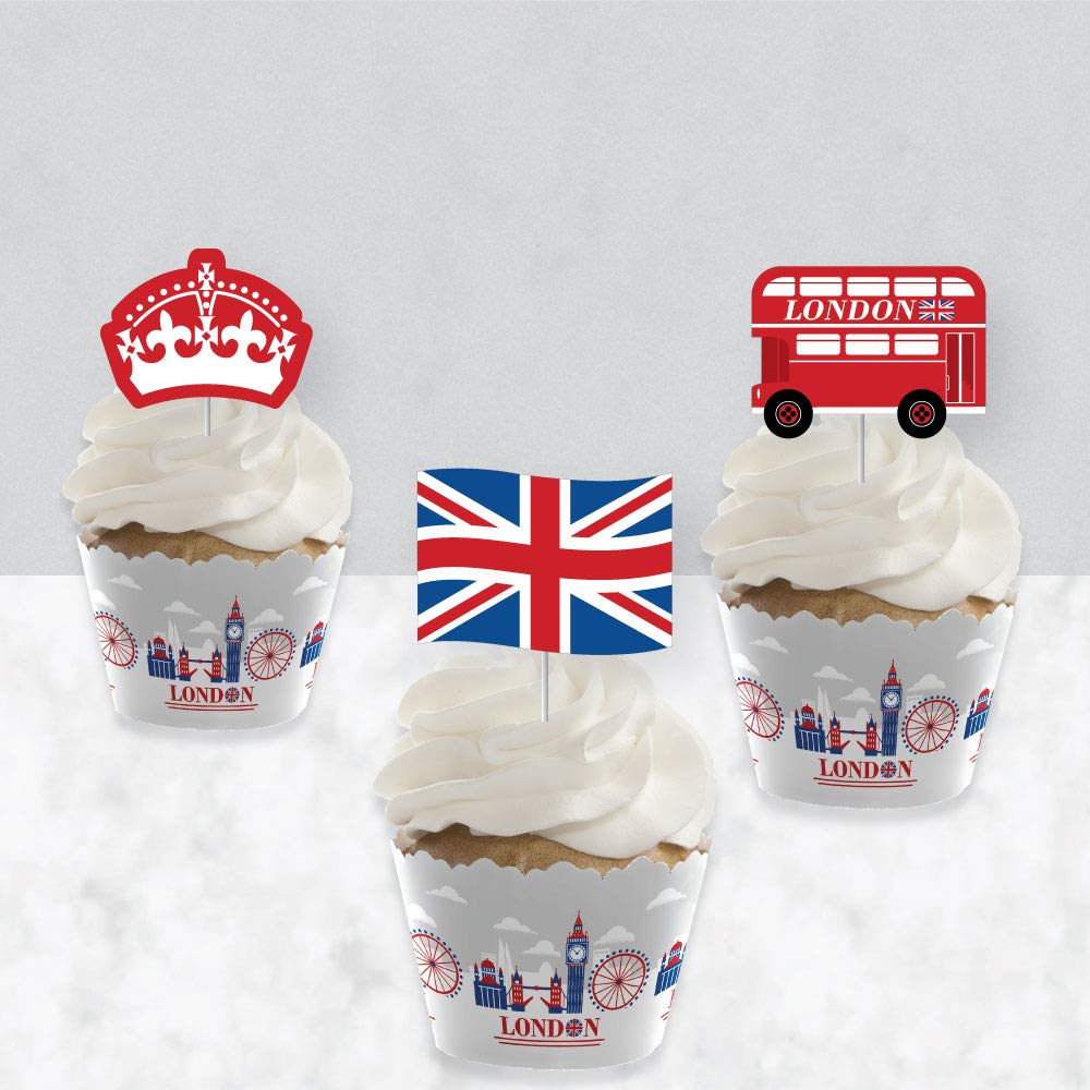 Big Dot of Happiness Cheerio London - British Themed Cupcake Decorations Kit (24-Piece Set) - Includes Cupcake Wrappers & Treat Picks for UK Tea Party, Afternoon Tea, and Royal Celebration Events