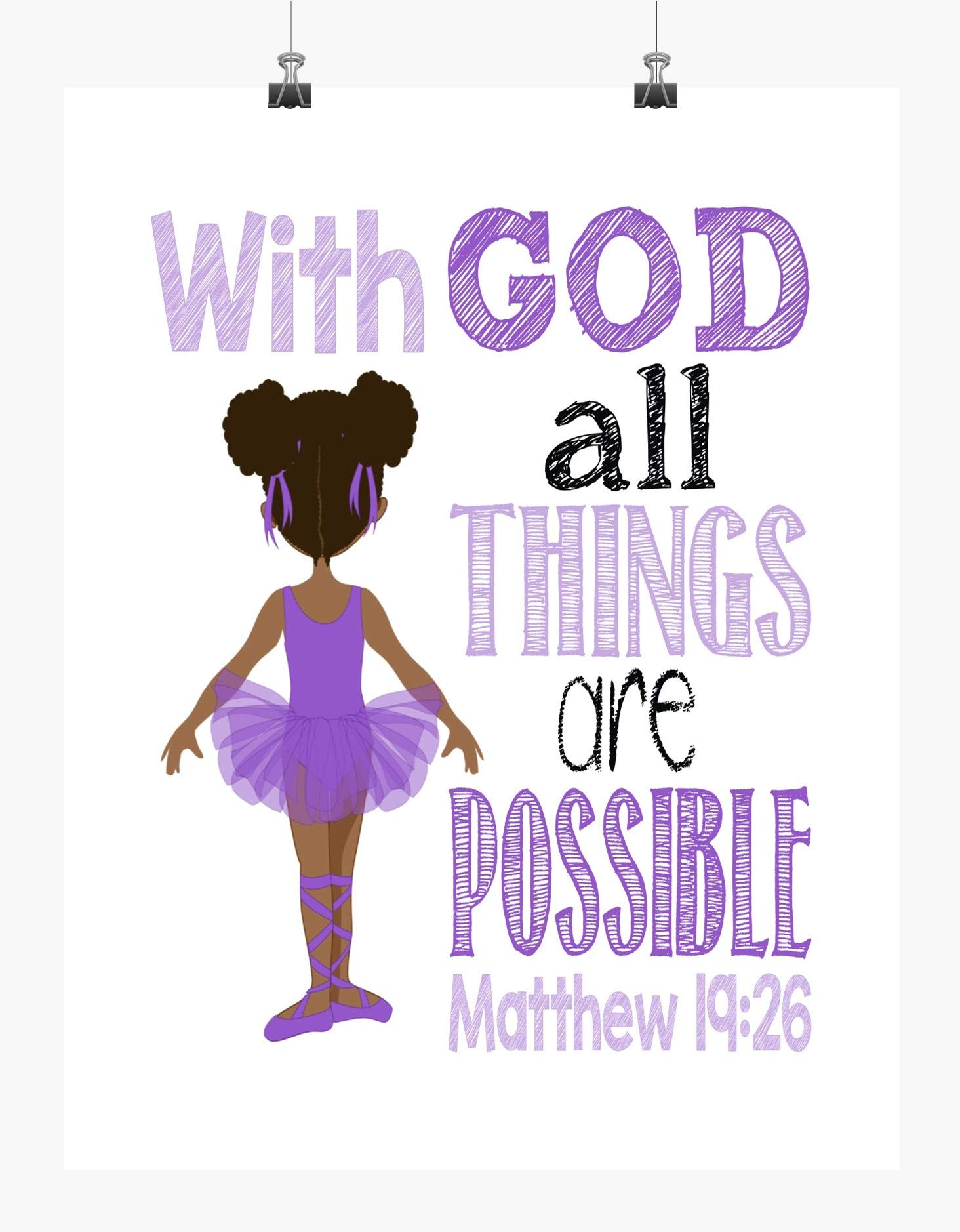 African American Ballerina Christian Nursery Print - Matthew 19:26 for Baby Room Decor