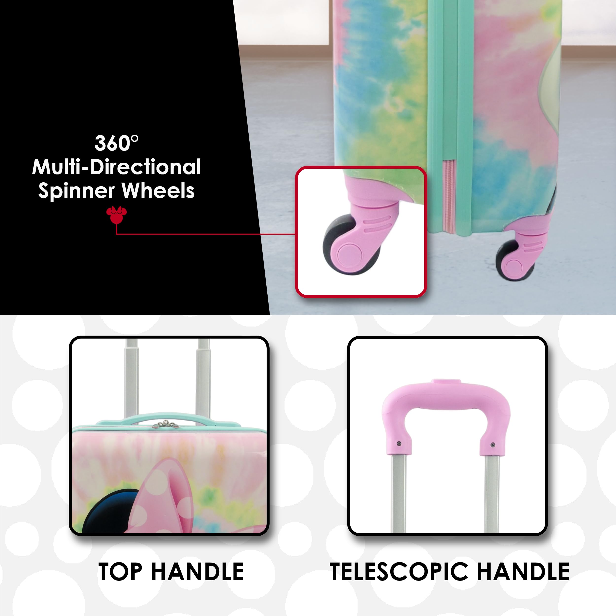 Disney Minnie Mouse 21 Inch Kids Carry On Luggage - Tie Dye Hardshell Spinner Suitcase with 360° Wheels for Girls Travel, School Trips & Sleepovers | Official Disney Licensed Product