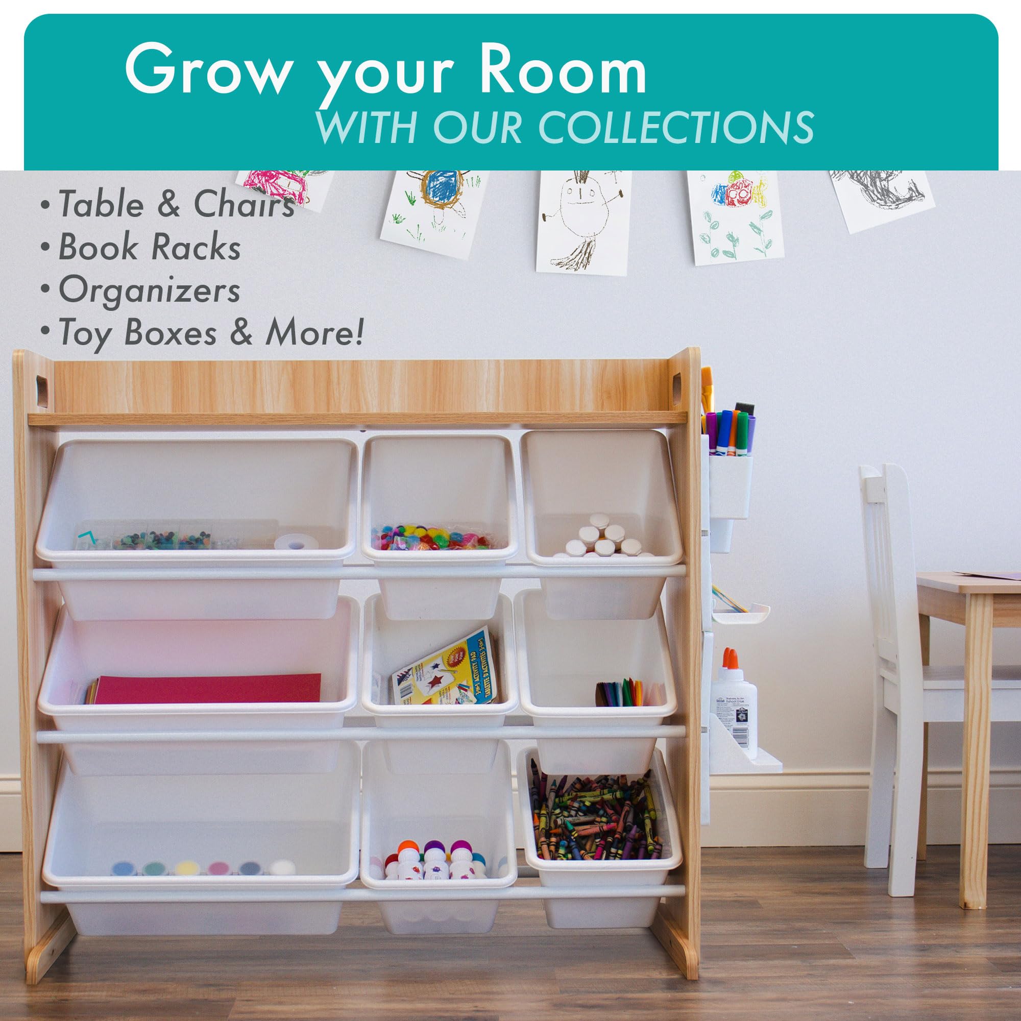 Humble Crew Kids Toy Storage Organizer with 9 Removable Bins & Top Shelf - Natural/White Toddler Bookshelf for Playroom, Nursery & Bedroom | Perfect for Organizing Toys, Books & Crafts Supplies