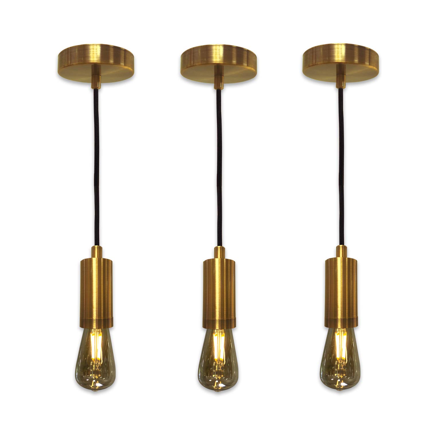 Royal Designs RDI Hanging Pendant Lighting Set of 3 - Keyless Cone-Shaped Pendant Light Socket with Antique Brass Canopy & Brown Rayon Fabric Cord - Perfect for Kitchen Island, Dining Room, or Bedroom Lighting