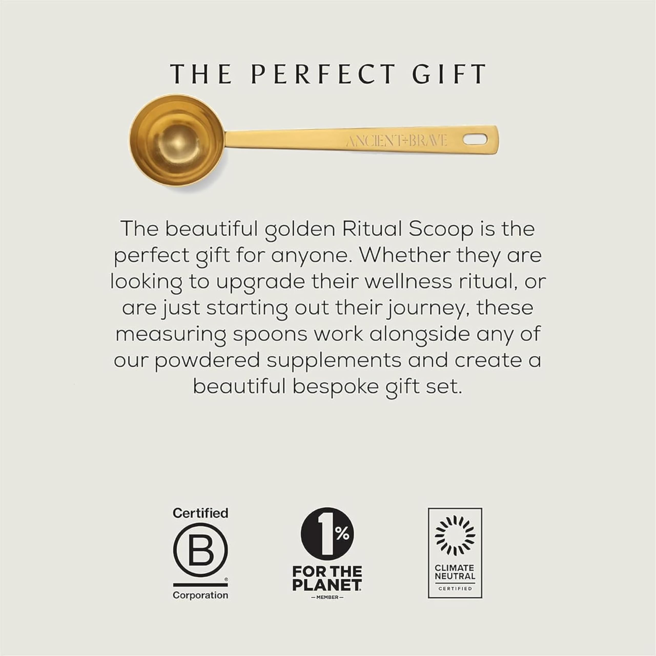 Ancient + Brave - Gold Stainless Steel Ritual Scoop Measuring Spoon for Collagen Supplements & Powders - Precise Approximate Measure - Elegant Gift Box Included - Perfect for Coffee, Tea, Protein Shakes & Baking