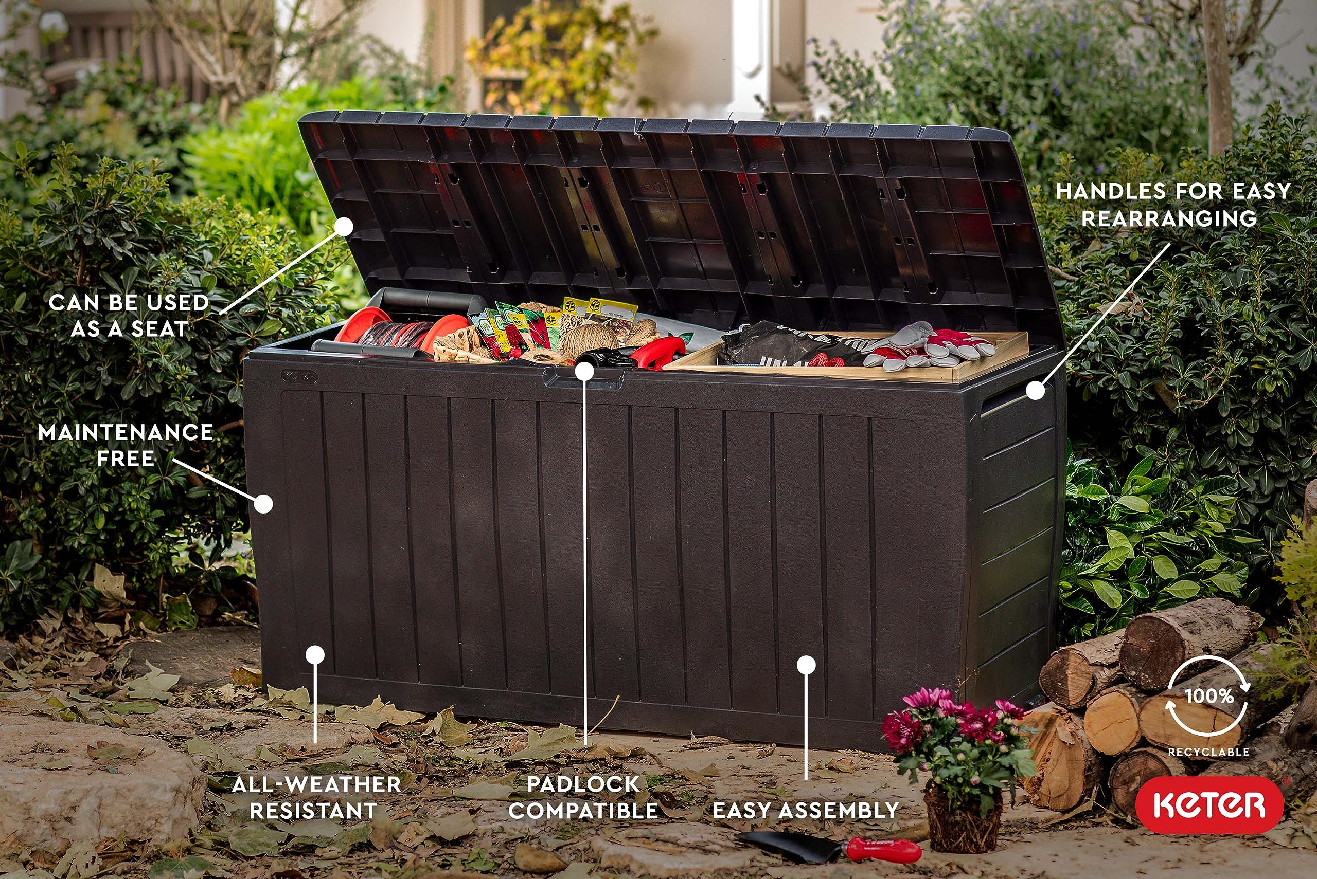 Keter Marvel Plus 71 Gallon Resin Outdoor Storage Box - Weatherproof Patio Furniture Cover for Cushions, Pillows, Garden Tools & Pool Accessories (Brown) - Perfect for Backyard, Deck & Poolside Organization