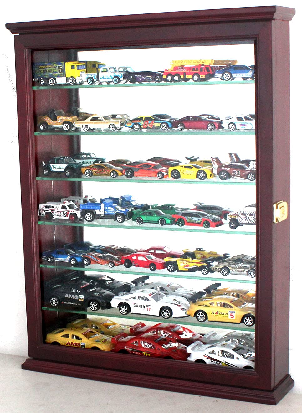 Premium Display Case & Wall Cabinet for 1/64-1/43 Diecast Toy Cars - Freestanding Shelf Unit with Cherry Finish - Perfect for Collectors & Showcase Display at Home or Office