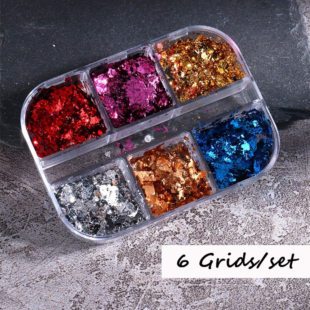 6 Grids DIY Manicure Irregular Mirror Sparkly Nail Sequins & Foils - Luxury Nail Glitter Flakes for Acrylic Nails, Gel Polish, Nail Art Designs & Home Salon Decor