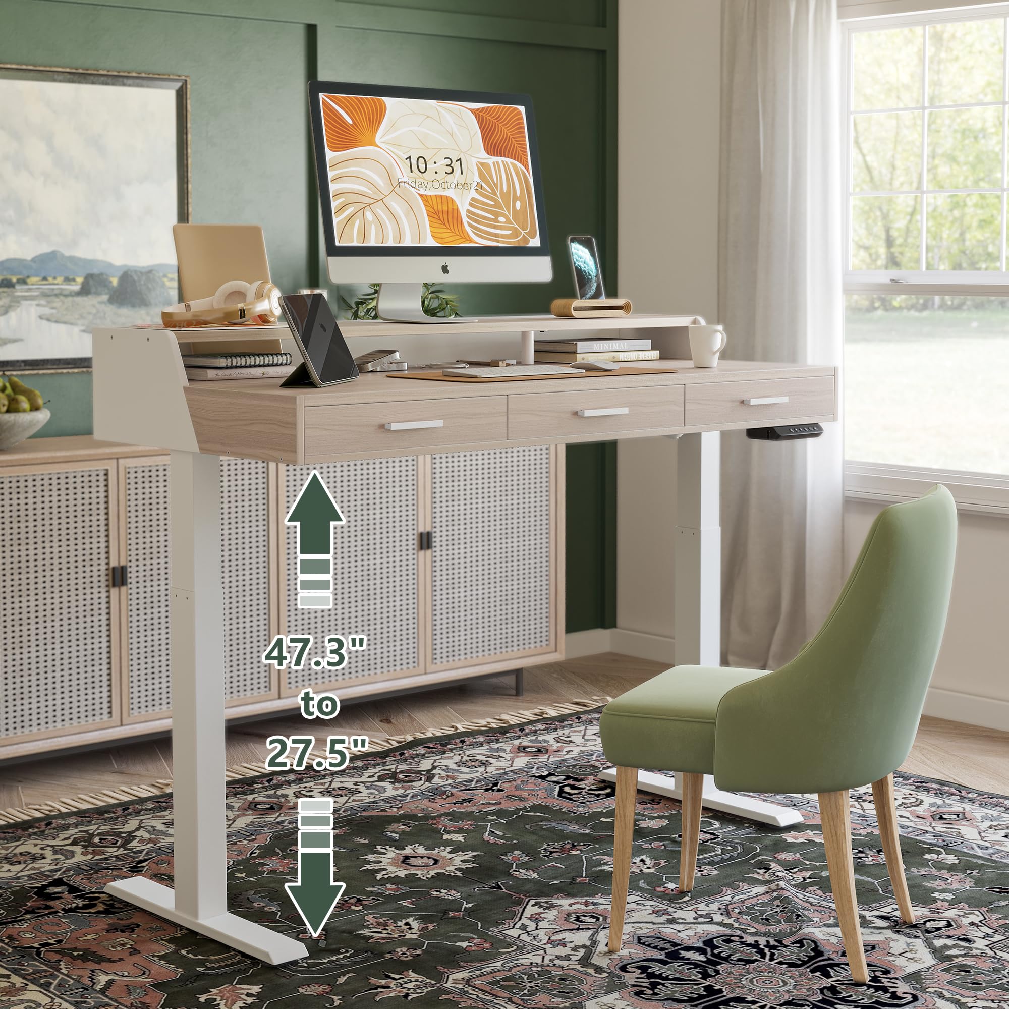 FEZIBO 48x24 Inch Electric Height Adjustable Standing Desk with Drawers & Monitor Shelf - Light Walnut Sit Stand Home Office Desk for Ergonomic Workspace & Small Spaces