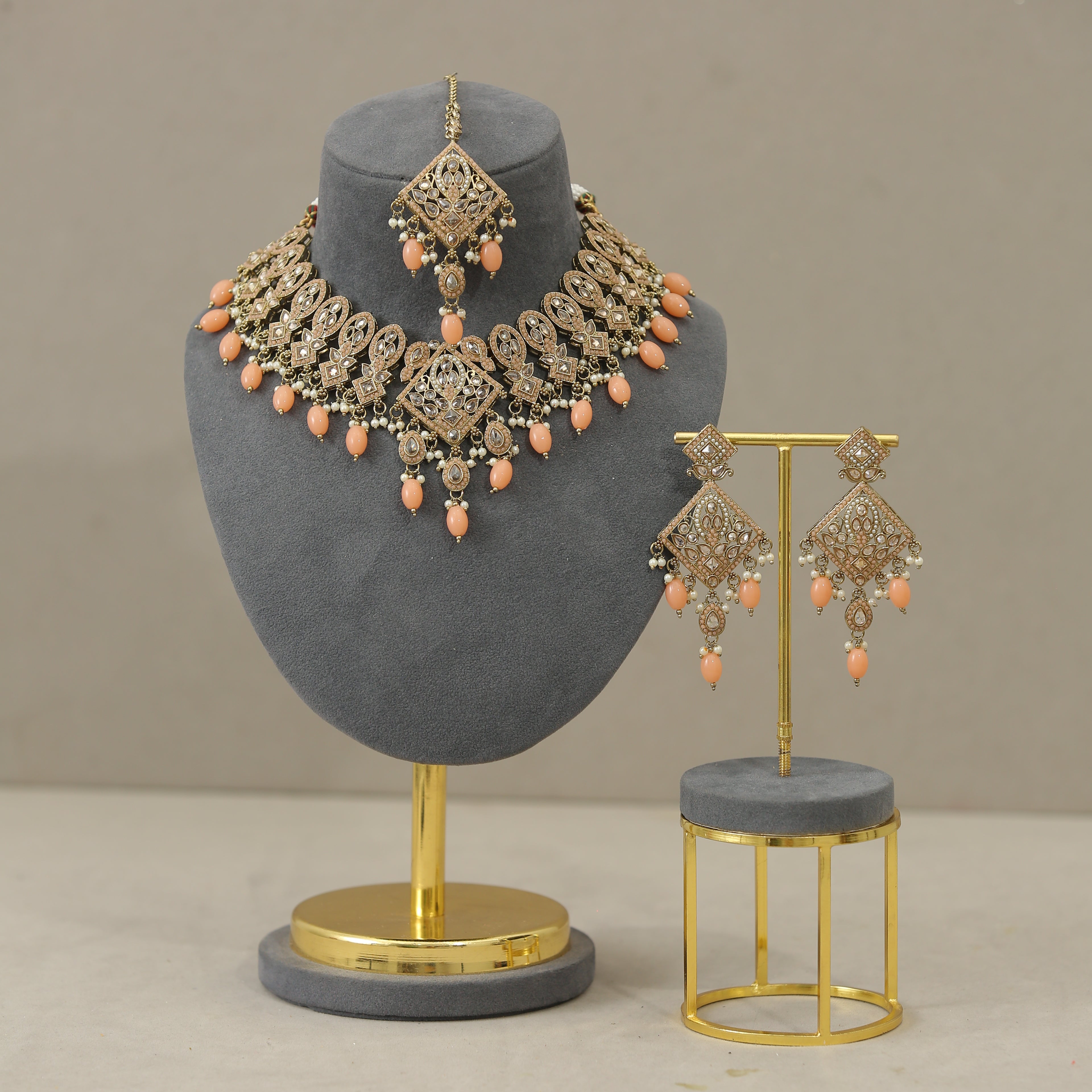 Garima Polki and Stone Jewelry Set with Tikka - Traditional Indian Bridal Necklace, Earrings, and Headpiece for Weddings & Festive Occasions