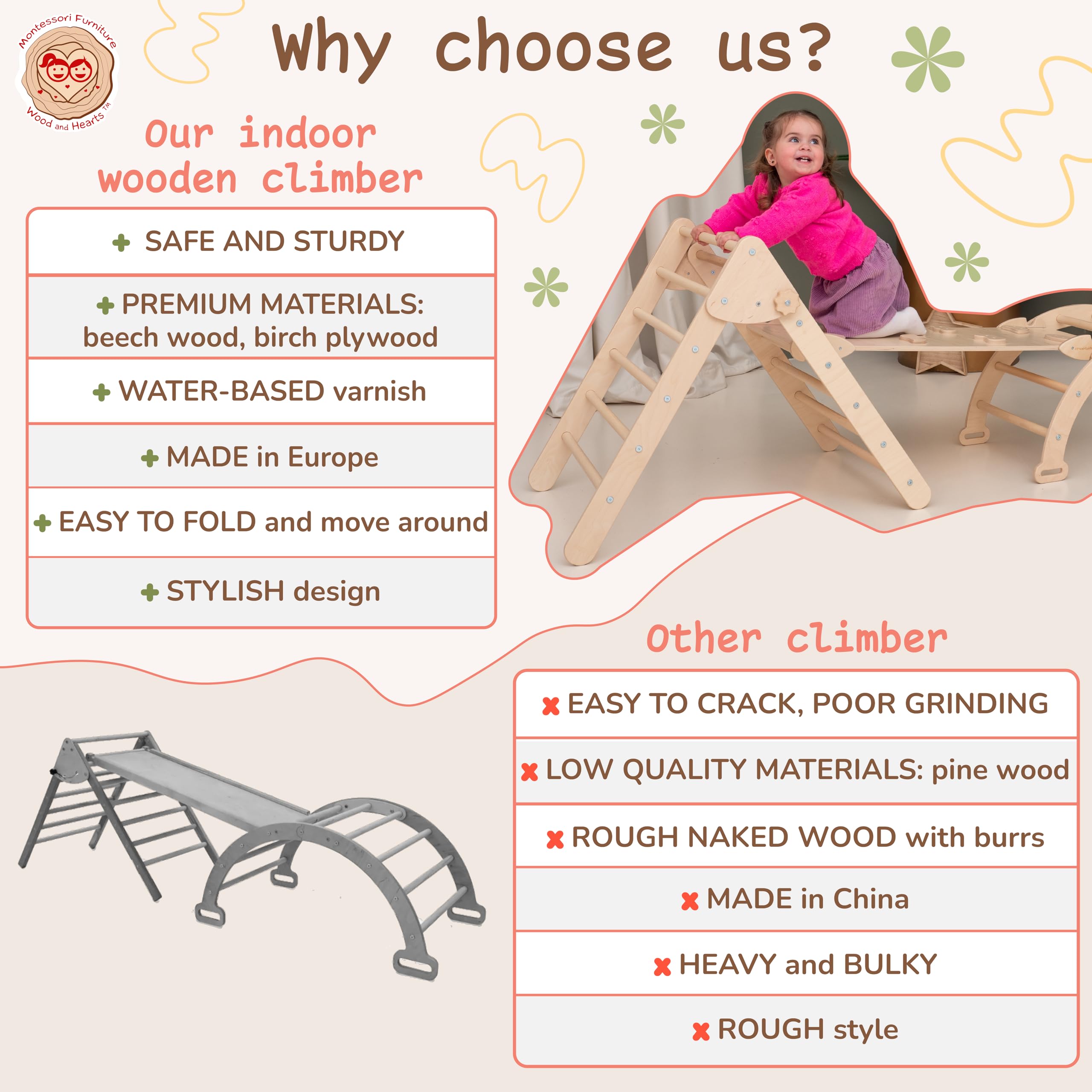 Wooden Climbing Triangle Gym for Toddlers - 3-in-1 Montessori Climbing Set with Ramp & Slide - Natural Wood Baby Activity Gym for Indoor Play, Physical Development & Sensory Exploration (Standard Size)