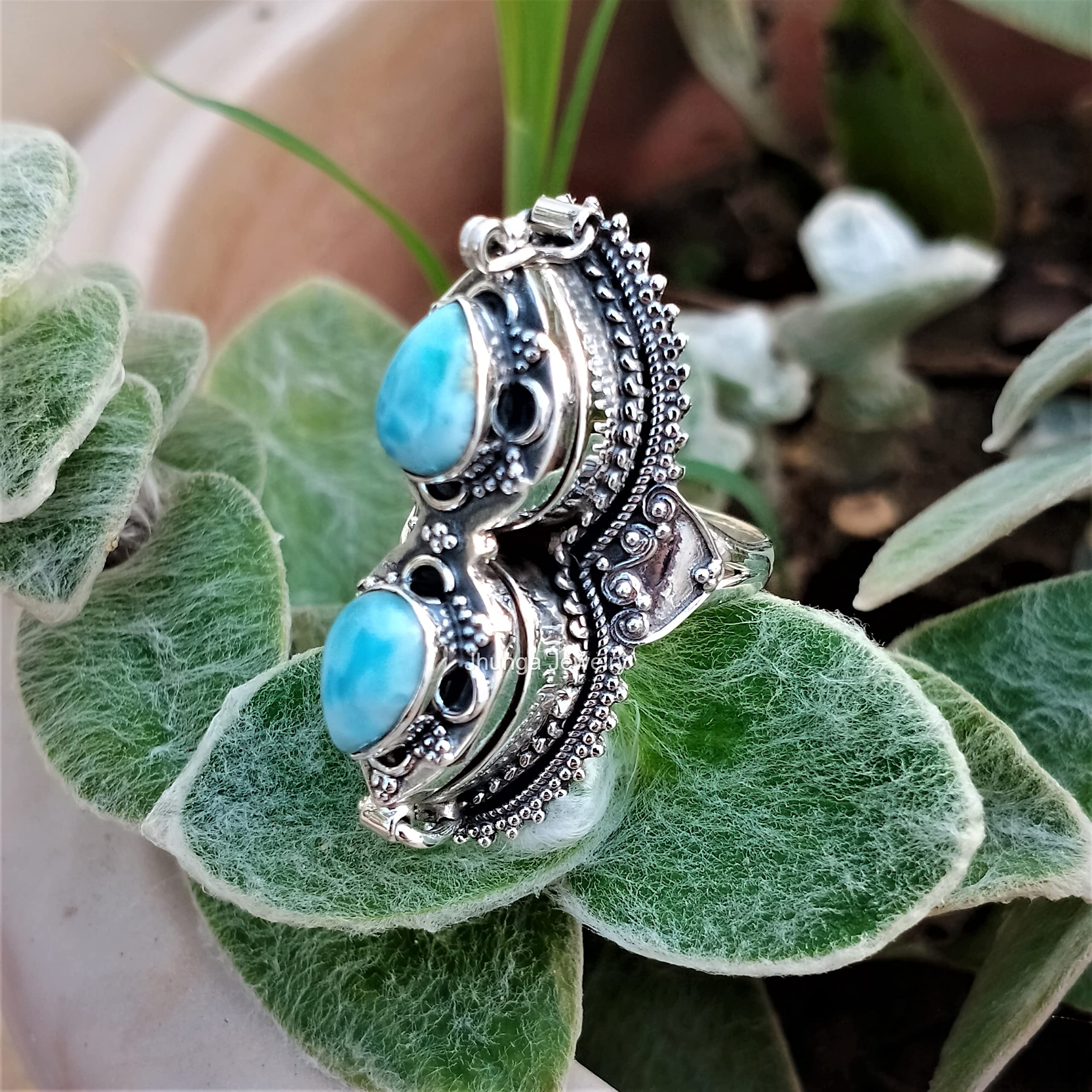 Larimar Poison Ring - 925 Sterling Silver Healing Crystal Locket Ring with Secret Compartment | Handmade Boho Style Statement Jewelry | Perfect for Gift Giving, Witchy Aesthetic & Medieval Renaissance Fairs