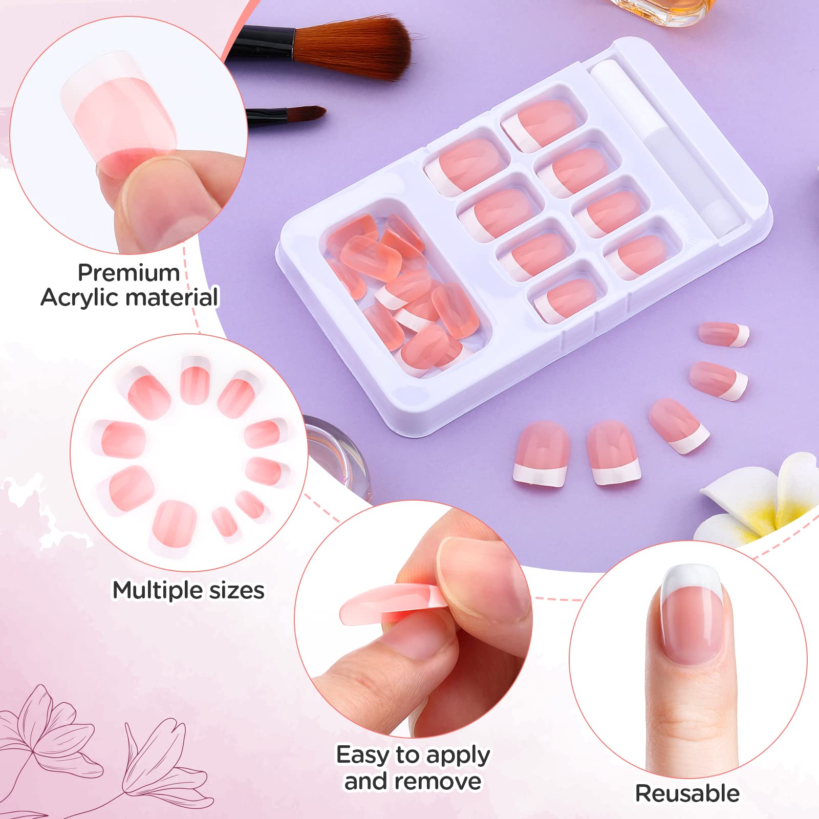 PROUSKY 24 Pieces French Tip False Nails - 12 Sizes Black Stick on Acrylic Short Square Fake Nails for Women, Natural Full Cover Manicure Set (Pink) | Perfect for Parties, Weddings & Daily Wear
