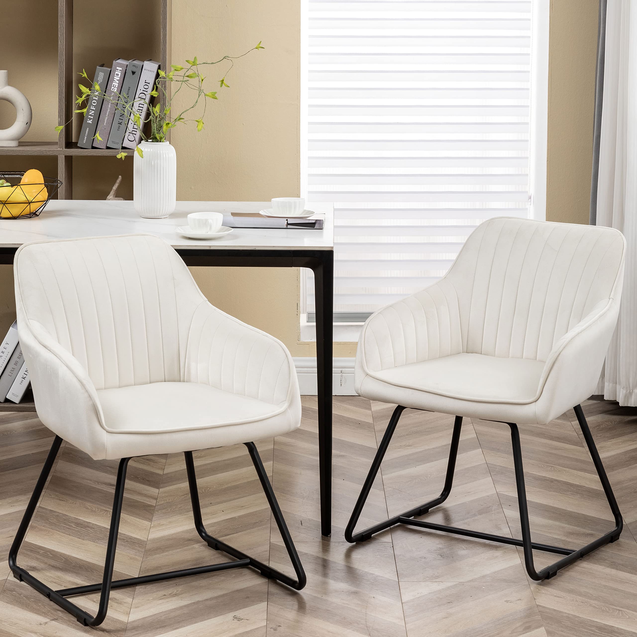SHINEBOOM Velvet Dining Chairs Set of 2 - Upholstered Modern Farmhouse Kitchen Chairs with Black Metal Legs, Beige Accent Side Arm Chairs for Home, Dining Room, Kitchen Table, and Office Desk