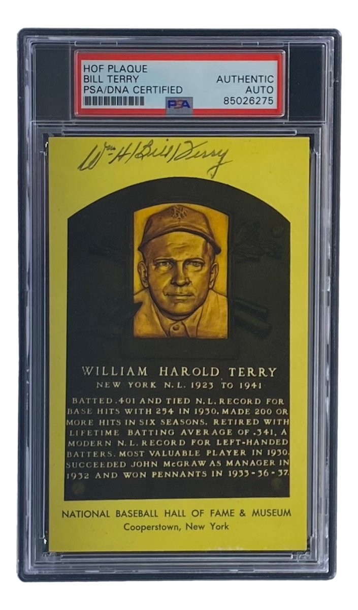 Bill Terry Autographed 4x6 New York Giants Hall Of Fame Plaque Card with PSA/DNA Certification #85026275 - Perfect for Sports Memorabilia Collectors and Giants Fans Display
