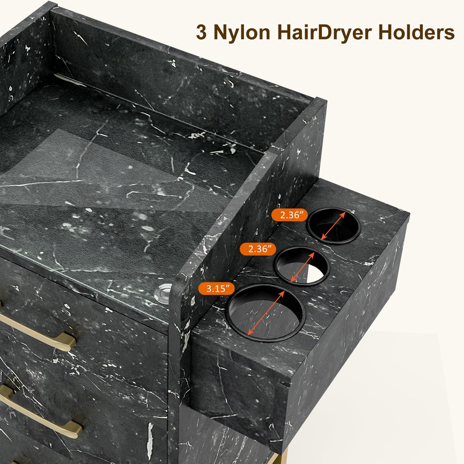 Professional Beauty Salon Storage Trolley Cart with Lockable Wheels - Black Marble Glass Top Hair Stylist Station Cabinet with Drawers - Ideal for Salon Organization, Barber Shop Furniture & Mobile Styling Workstations