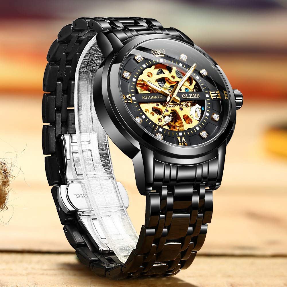 OLEVS Automatic Skeleton Watches for Men - Luxury Mechanical Gold Wristwatch with Diamond Accents, Stainless Steel Case, Waterproof & Luminous - Perfect for Business, Formal Events & Gift Giving