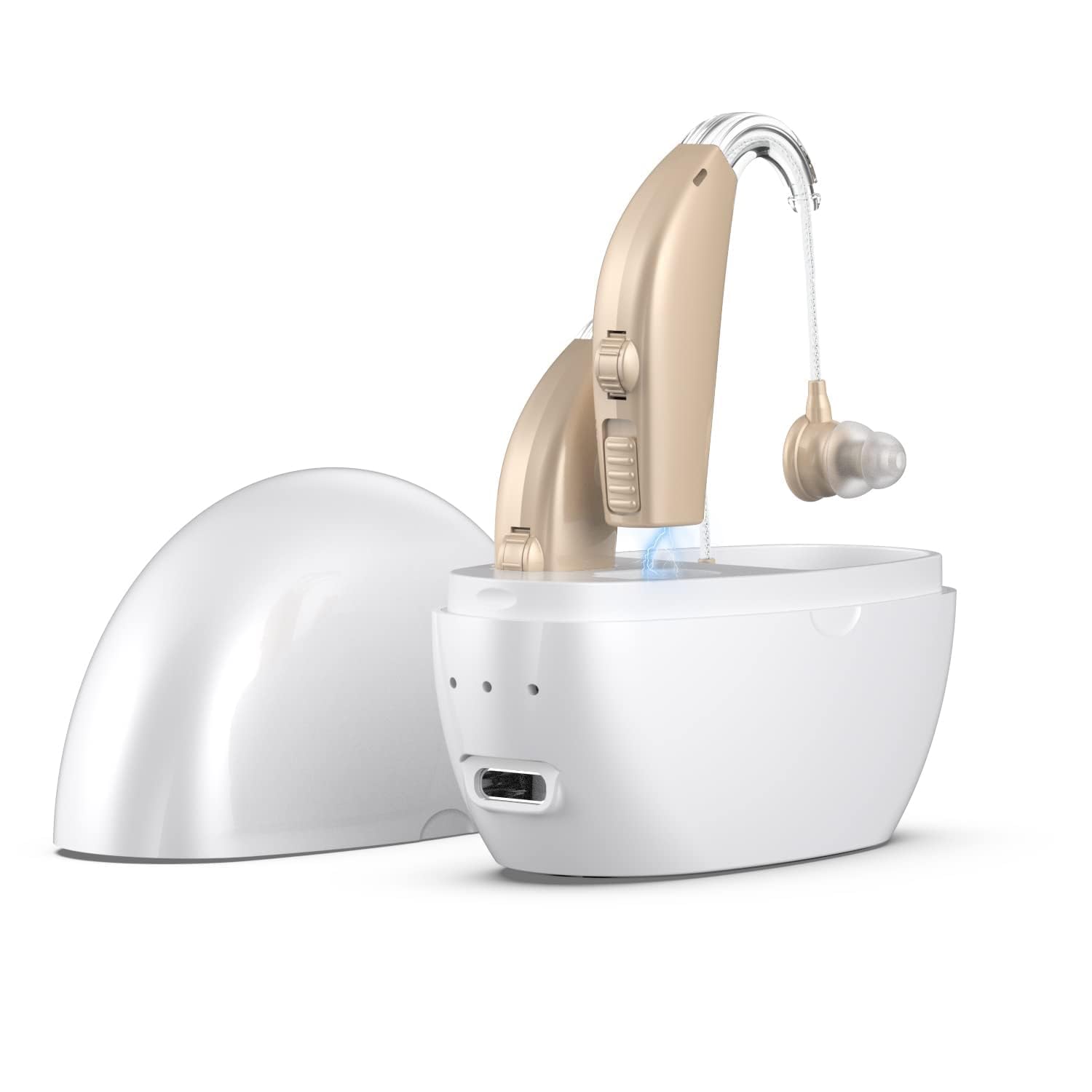 Rechargeable Hearing Aids for Seniors with Severe Hearing Loss - Digital Noise Cancelling Amplifier with Portable Charging Case & Volume Control - Beige - Ideal for TV Watching, Conversations & Outdoor Activities