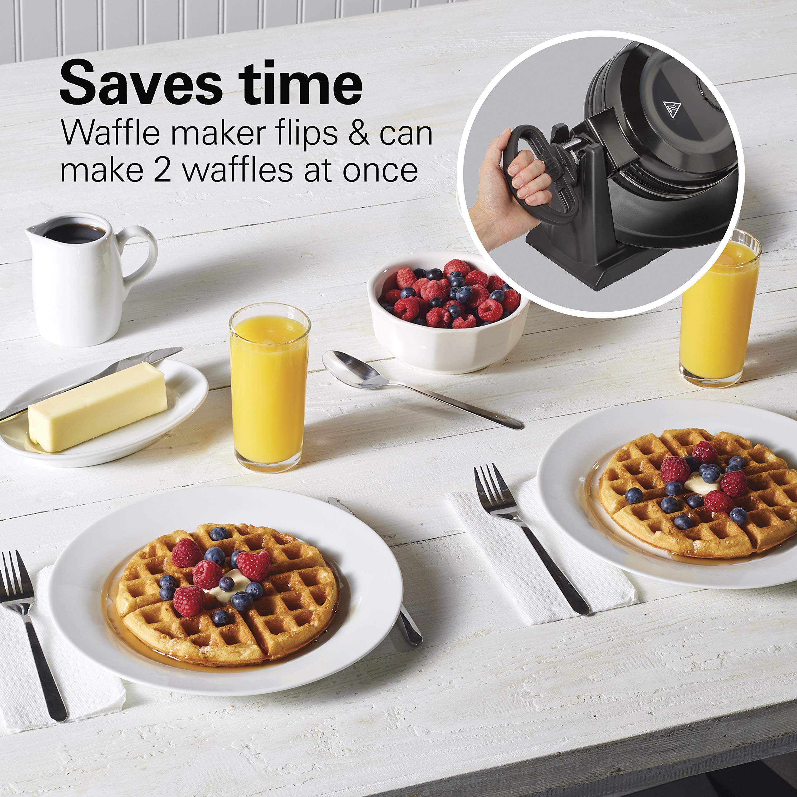 Hamilton Beach 26201 Belgian Waffle Maker - Double Flip, Removable Nonstick Plates, Makes 2 Waffles at Once, Black - Perfect for Family Breakfast, Brunch & Holiday Gatherings