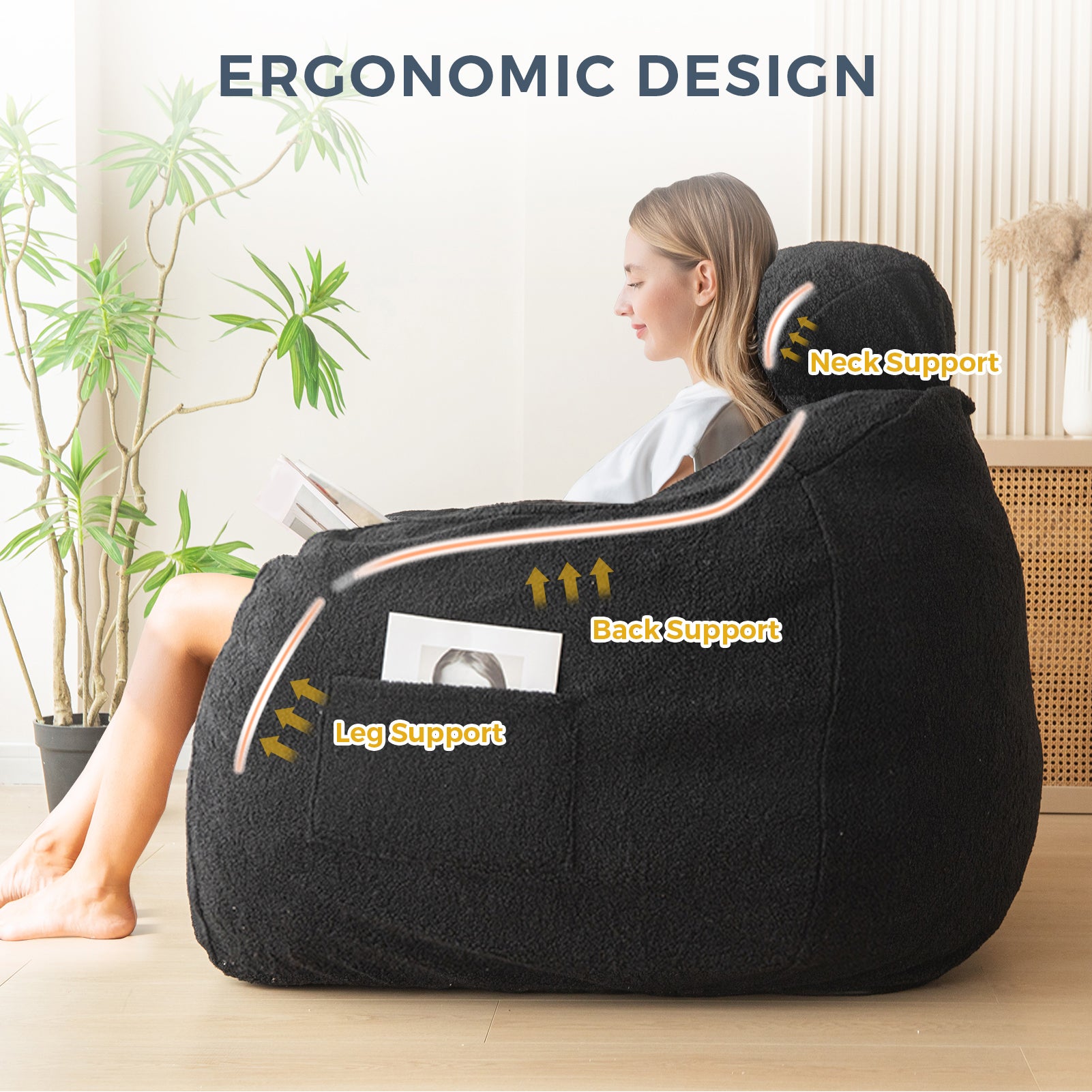 MAXYOYO Giant Bean Bag Chair with Pillow - Extra Large Fuzzy Comfy Bean Bag Sofa for Adults & Teens - Perfect for Reading, Gaming, Lounging & Movie Nights - Black