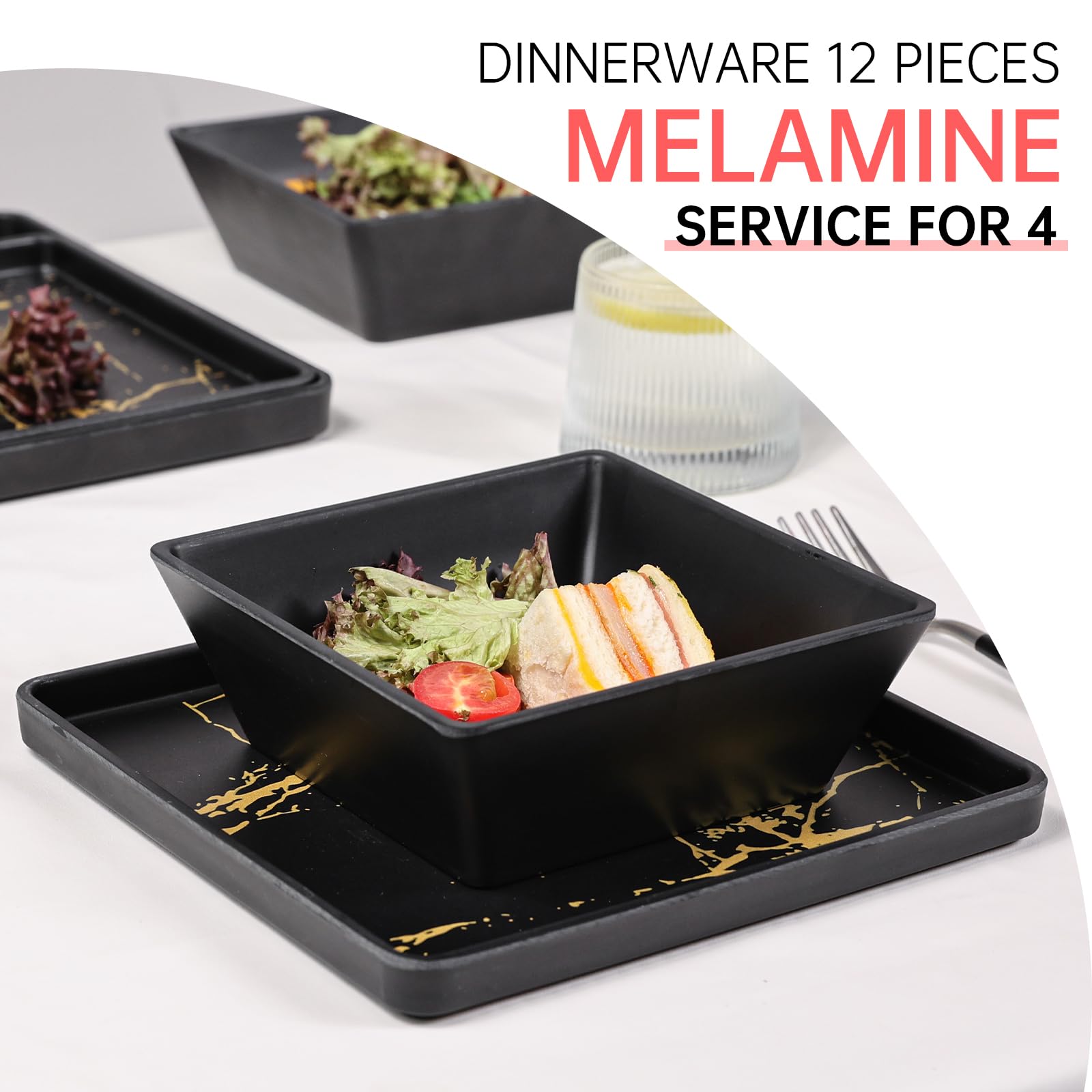 Premium 12-Piece Melamine Dinnerware Set - Square Plates & Bowls for 4, Durable & Dishwasher Safe, Elegant Black & Gold Design for Indoor/Outdoor Dining, Parties, and Picnics