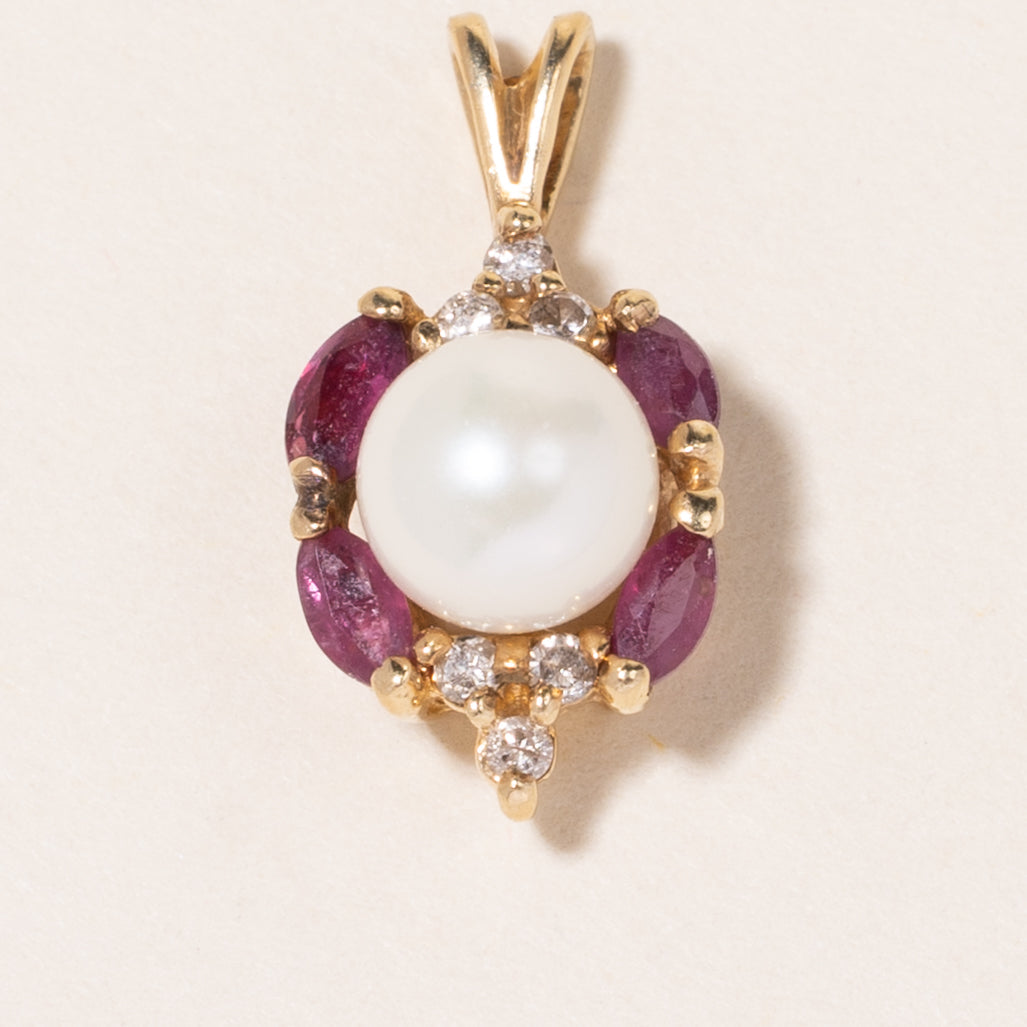 10K Yellow Gold Pearl, Red Spinel & Diamond Pendant Necklace - 6.57mm, 0.28ctw Spinel, 0.09ctw Diamonds | Elegant Jewelry Gift for Women, Perfect for Weddings, Anniversaries & Special Occasions