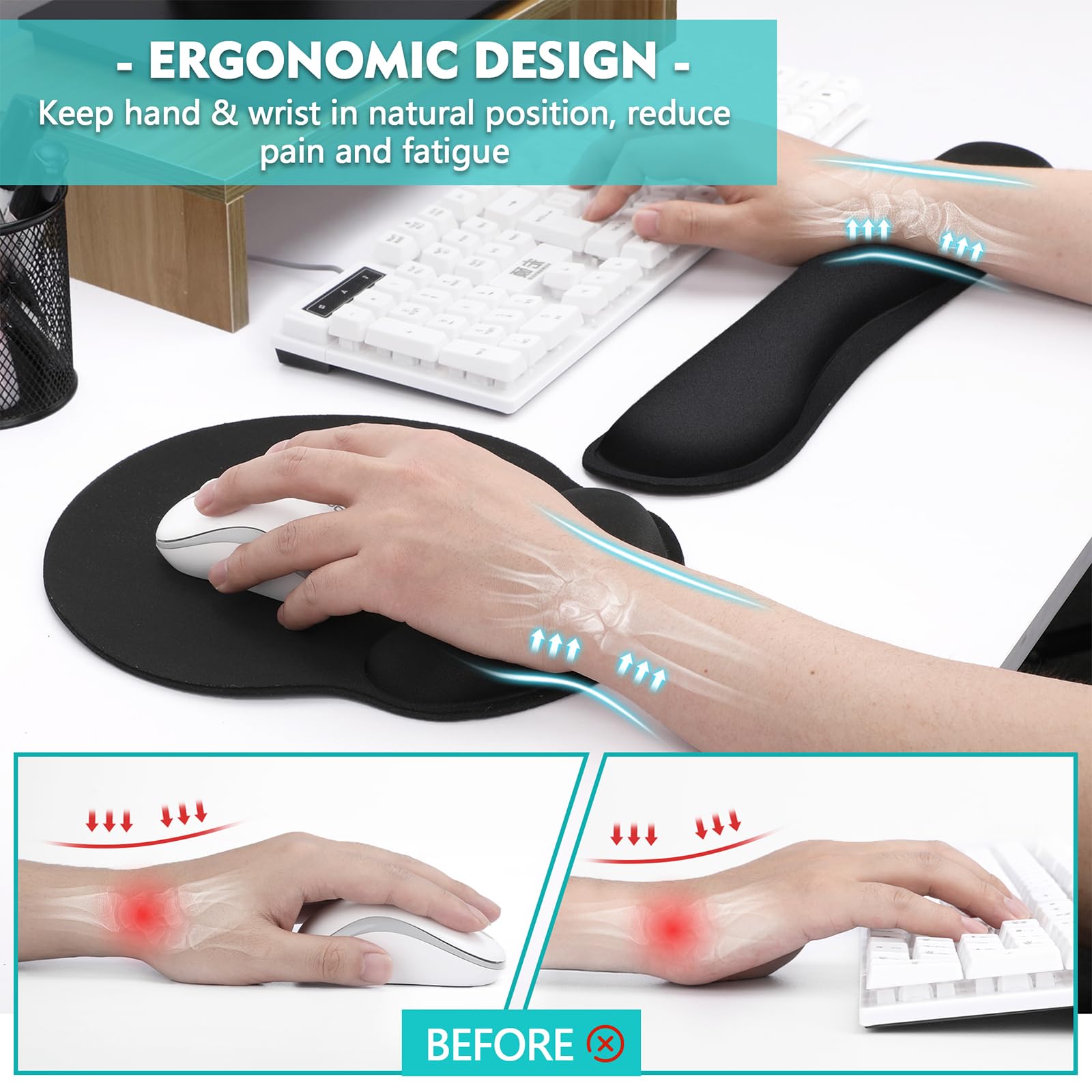 Ergonomic Mouse Pad and Keyboard Wrist Rest Set - Memory Foam Wrist Support for Comfortable Typing, Classic Black - Perfect for Office, Gaming & Home Computer Workstations