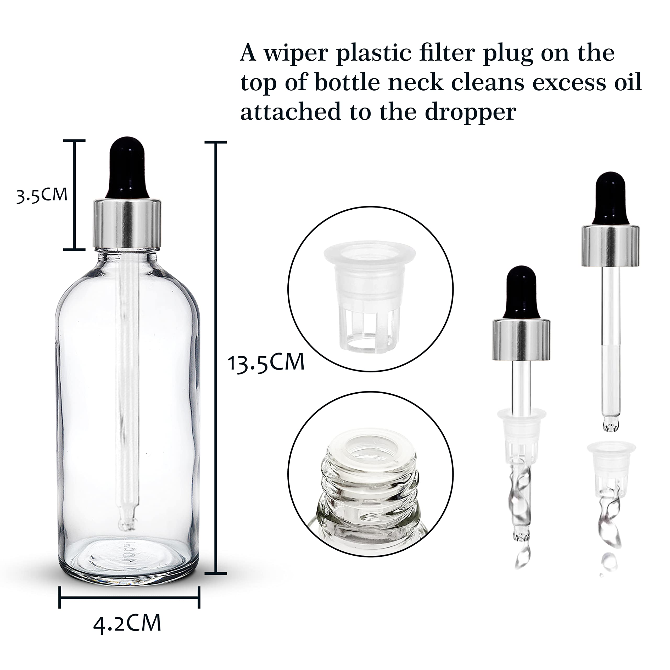 NSB Herbals 100ml Clear Round Empty Glass Bottle with Glass Dropper & Silver Ring - Refillable Essential Oil Bottle, Perfume Dropper Bottle - Perfect for DIY Essential Oils, Aromatherapy, Perfume Making & Liquid Storage