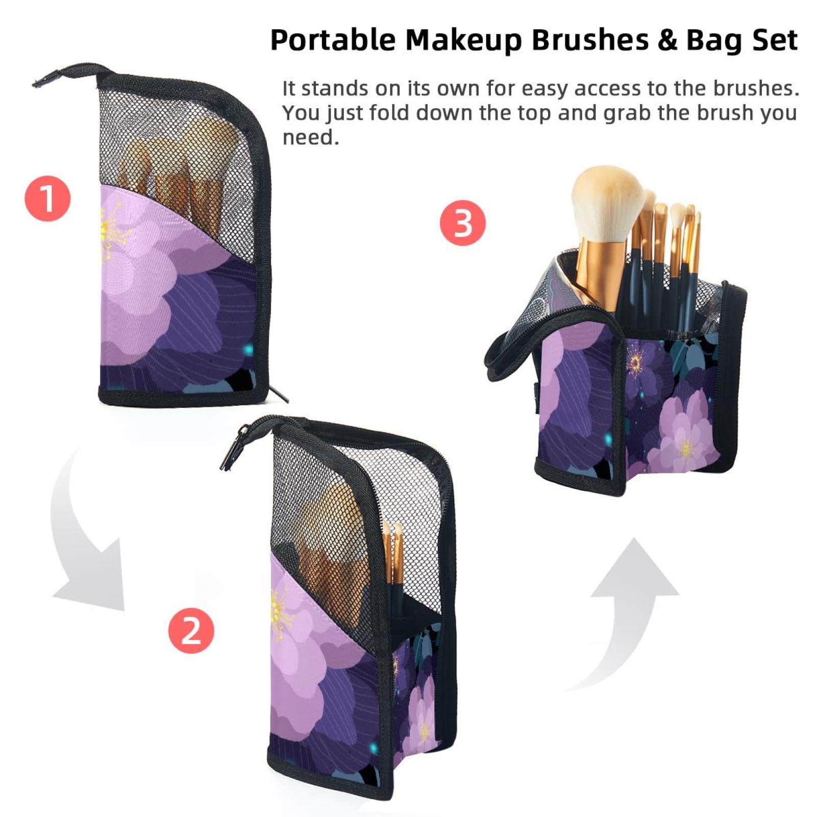 12-Piece Makeup Brush Organizer Bag - Portable Flower Design Brush Holder Case for Travel & Home Storage | Purple Blossom Cosmetic Brush Set